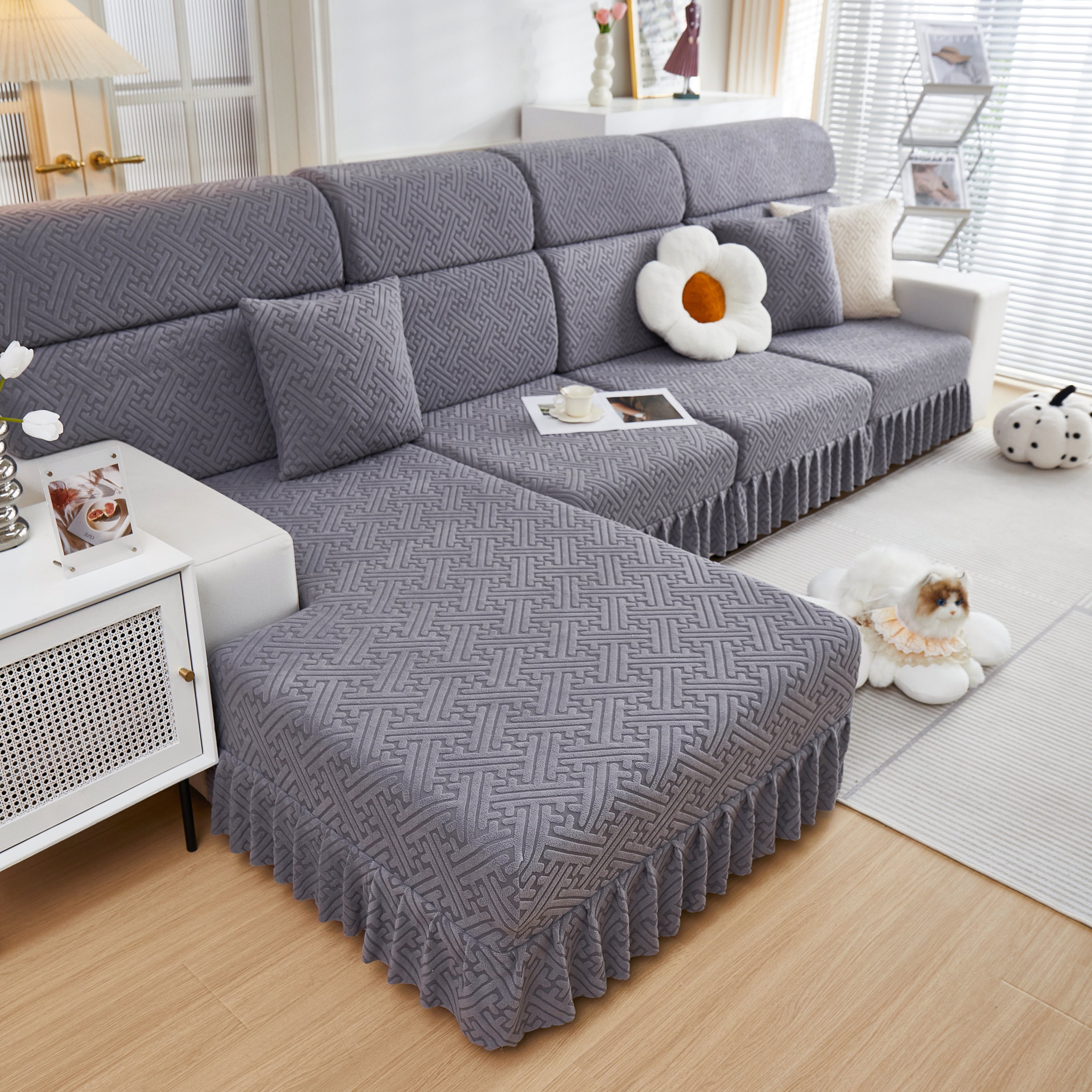 Stretch Sofa Covers With Skirt For Couch Seat And Cushion, Chaise, Sectional, 1/2/3/4 Seater Sofas