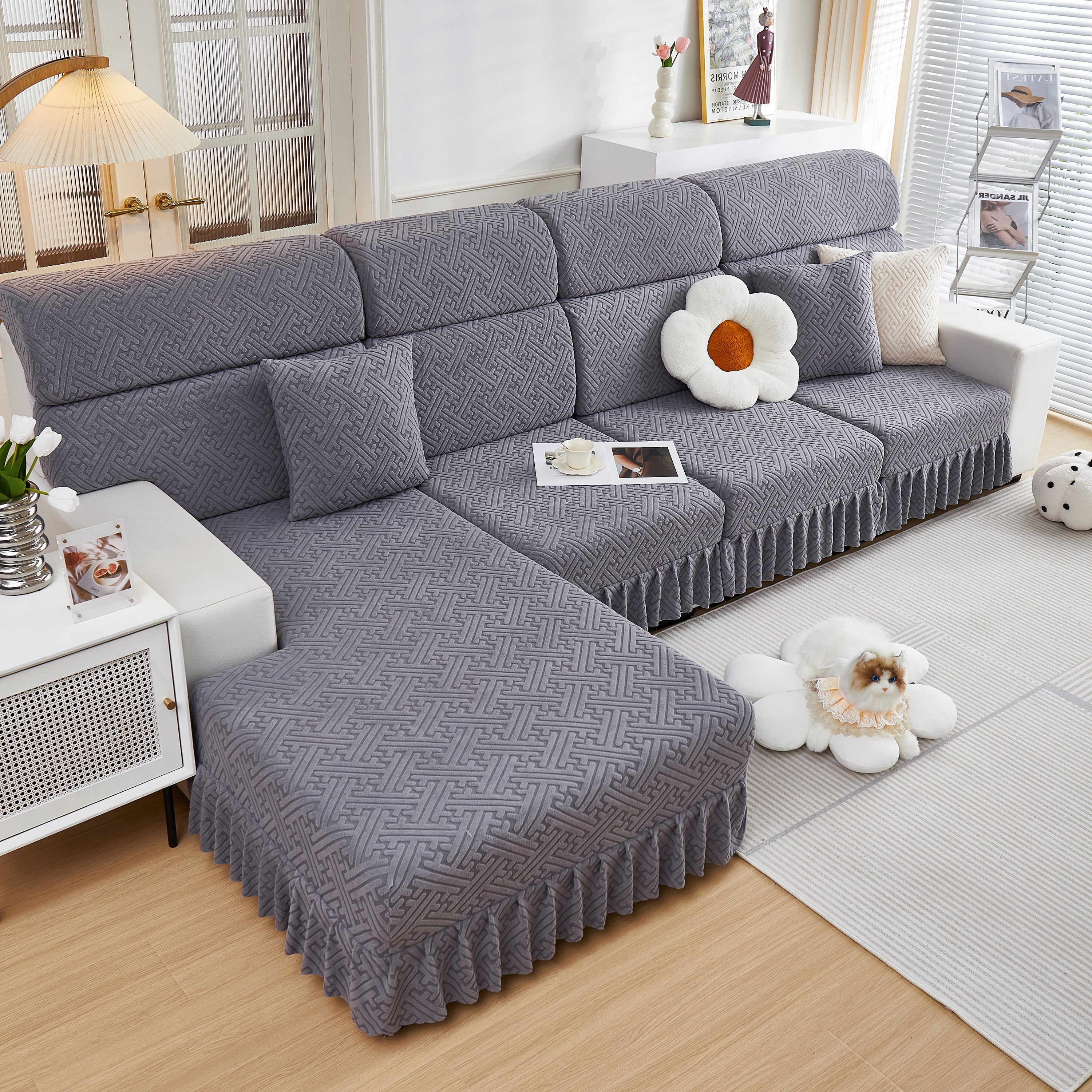 Stretch Sofa Covers With Skirt For Couch Seat And Cushion, Chaise, Sectional, 1/2/3/4 Seater Sofas