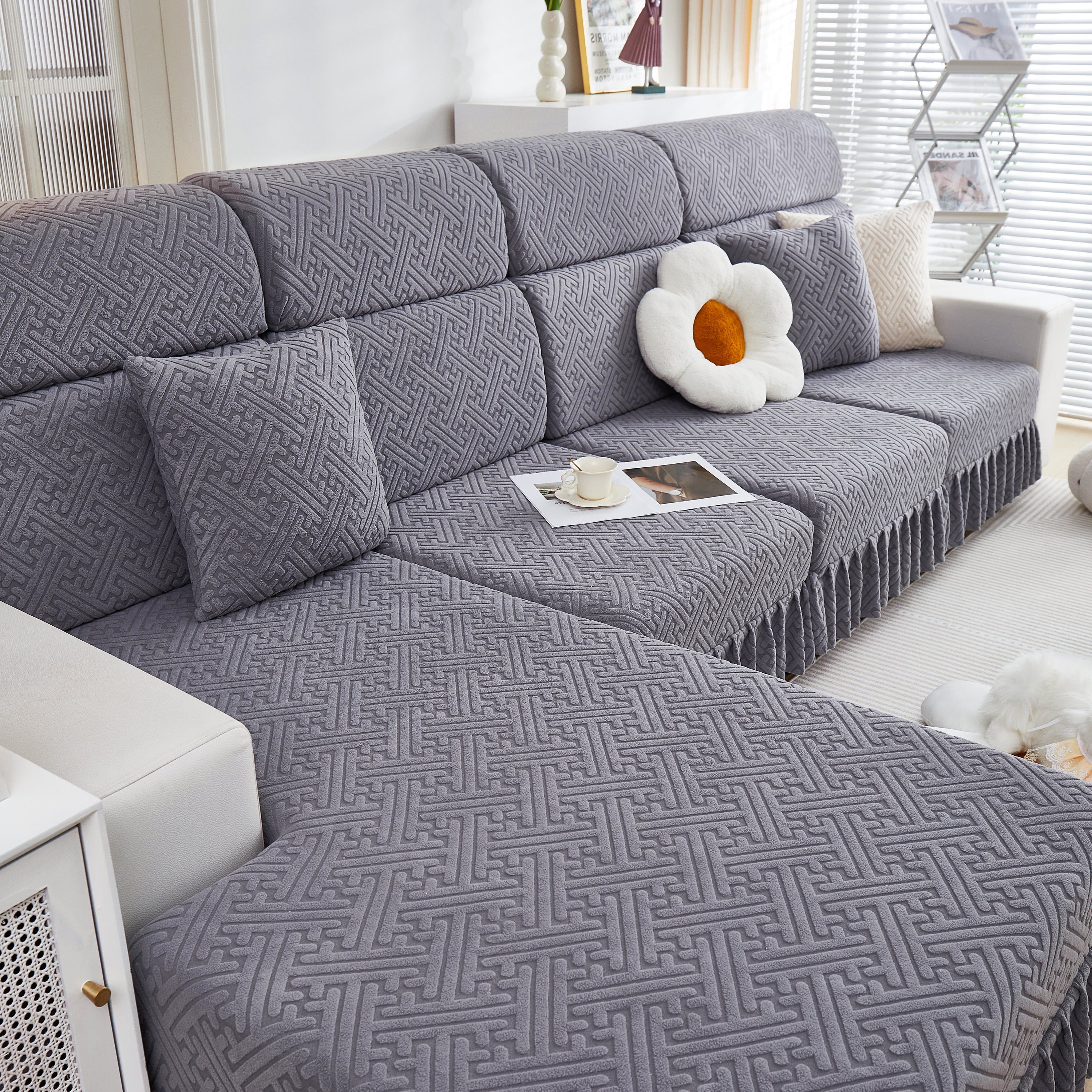 Stretch Sofa Covers With Skirt For Couch Seat And Cushion, Chaise, Sectional, 1/2/3/4 Seater Sofas