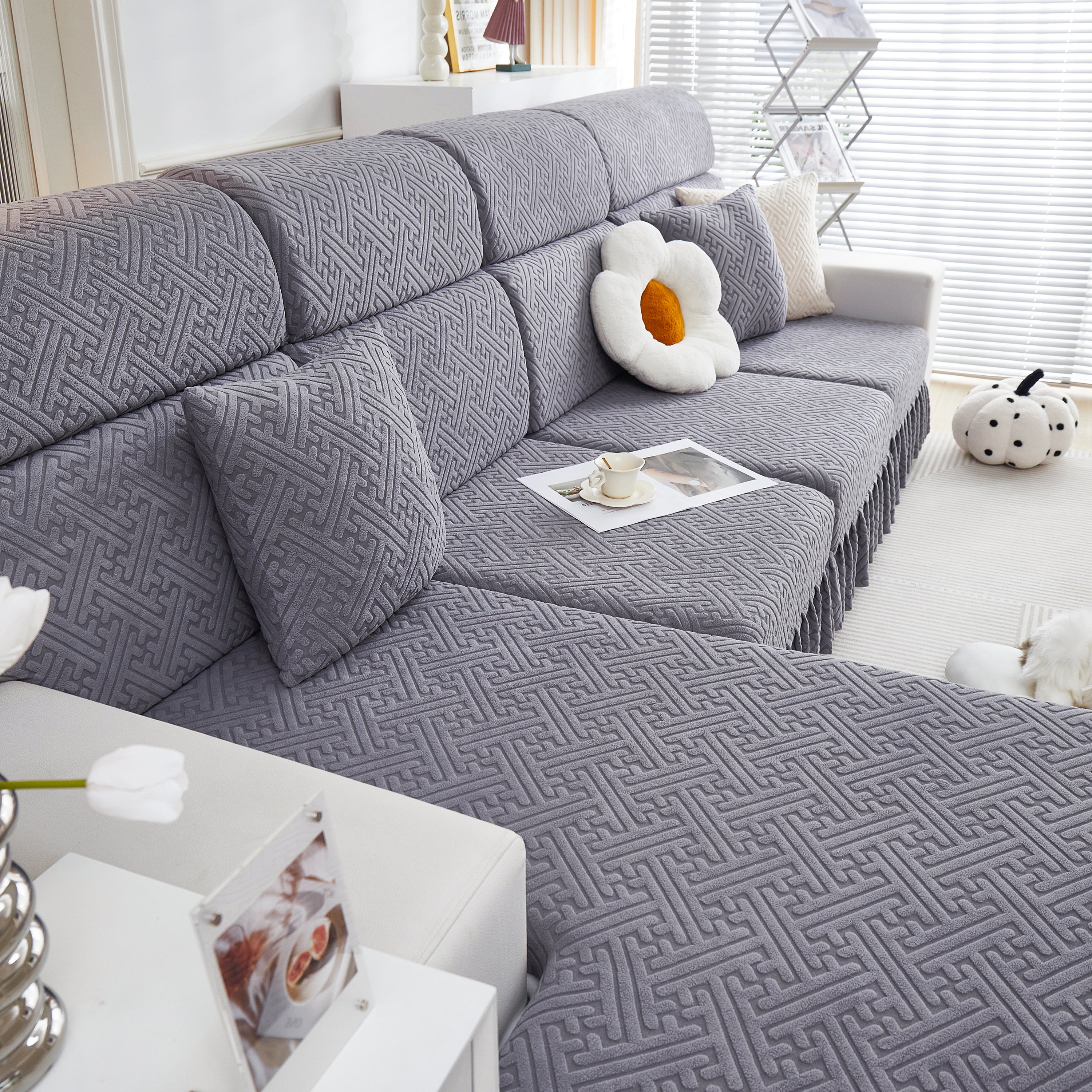 Stretch Sofa Covers With Skirt For Couch Seat And Cushion, Chaise, Sectional, 1/2/3/4 Seater Sofas