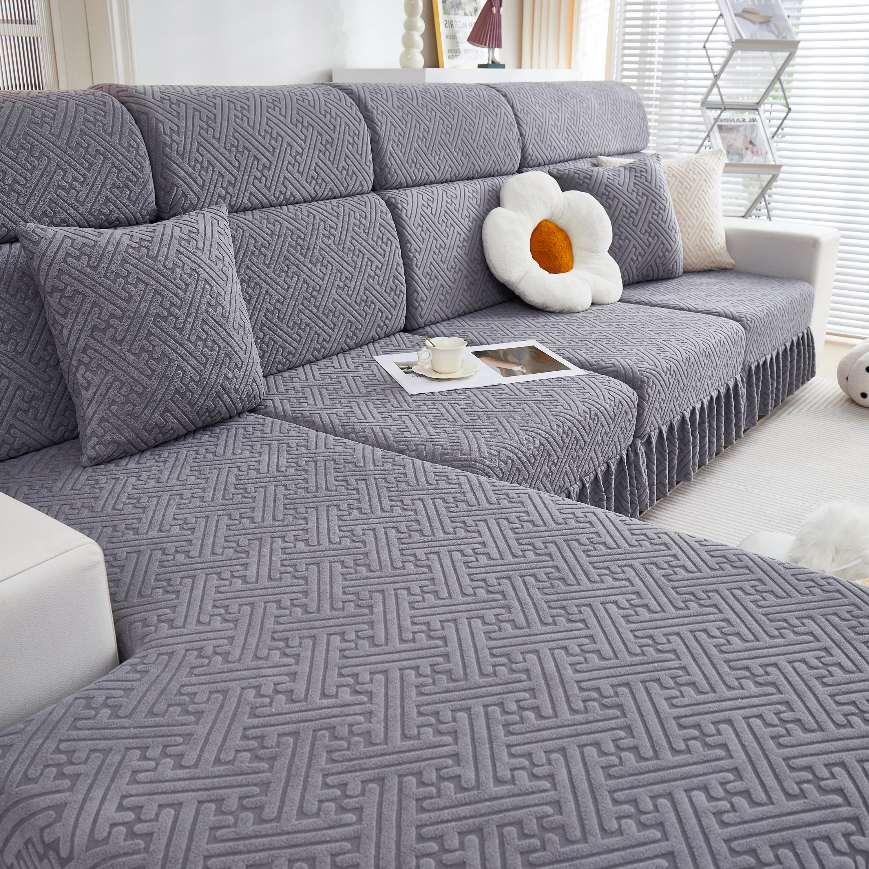 Stretch Sofa Covers With Skirt For Couch Seat And Cushion, Chaise, Sectional, 1/2/3/4 Seater Sofas