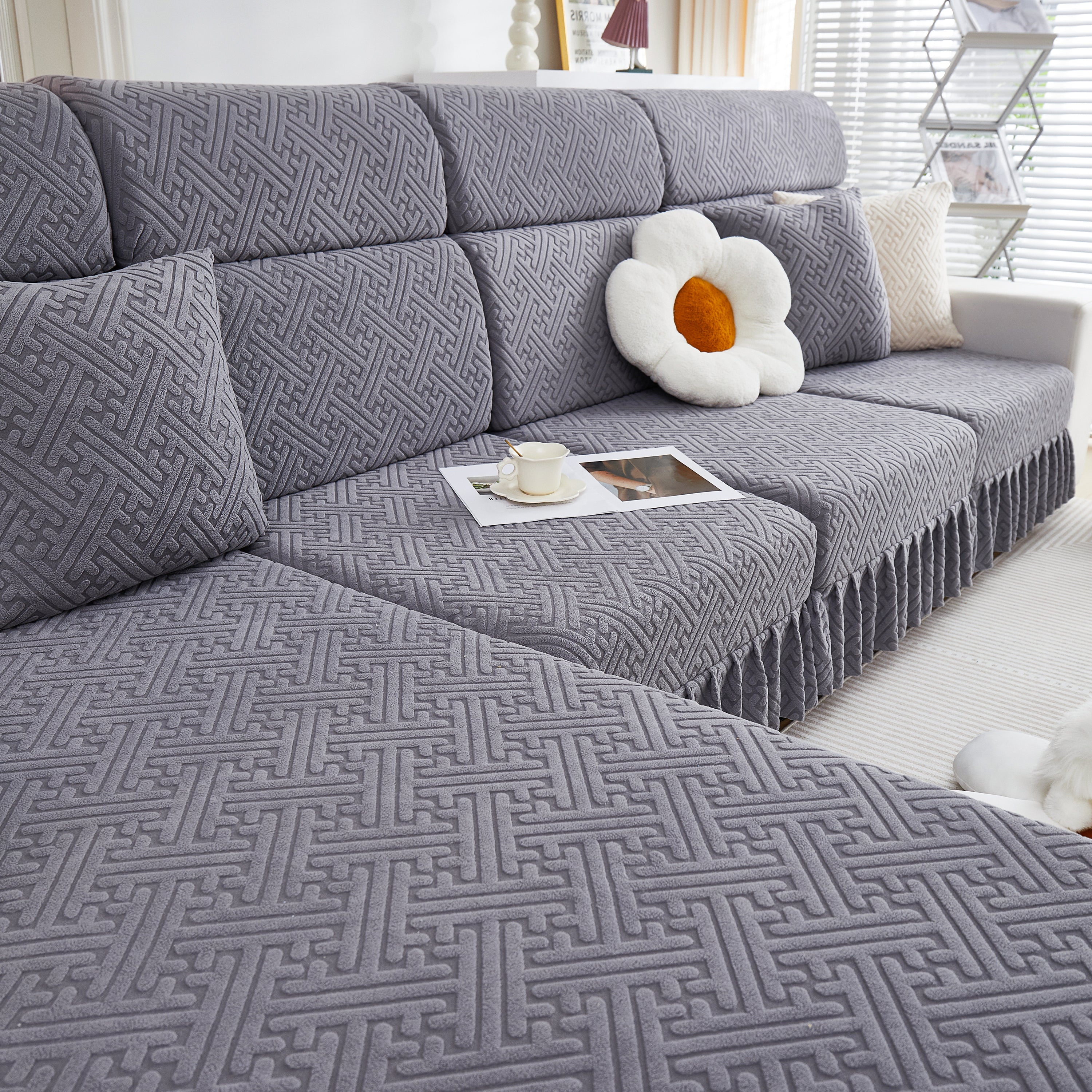 Stretch Sofa Covers With Skirt For Couch Seat And Cushion, Chaise, Sectional, 1/2/3/4 Seater Sofas