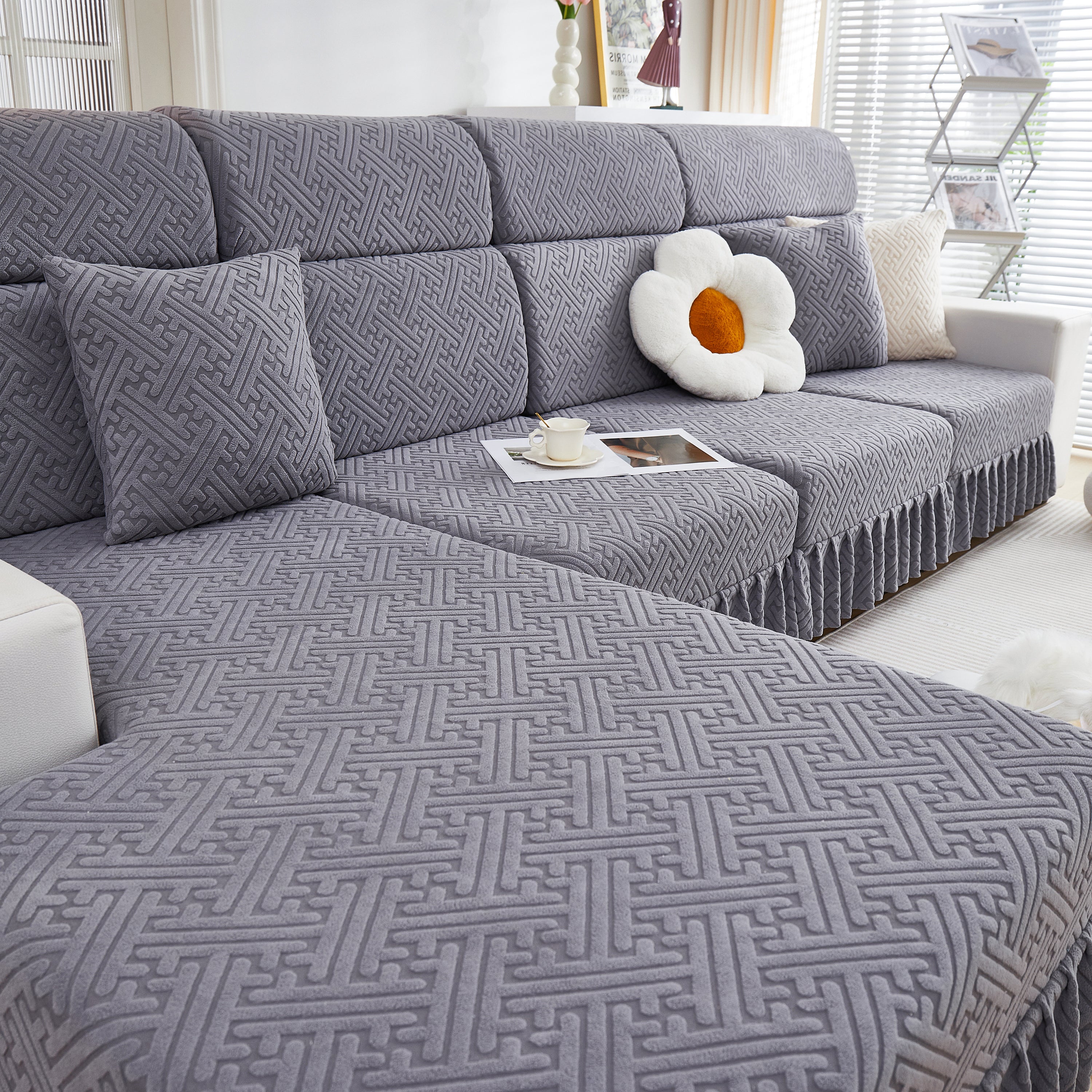 Stretch Sofa Covers With Skirt For Couch Seat And Cushion, Chaise, Sectional, 1/2/3/4 Seater Sofas