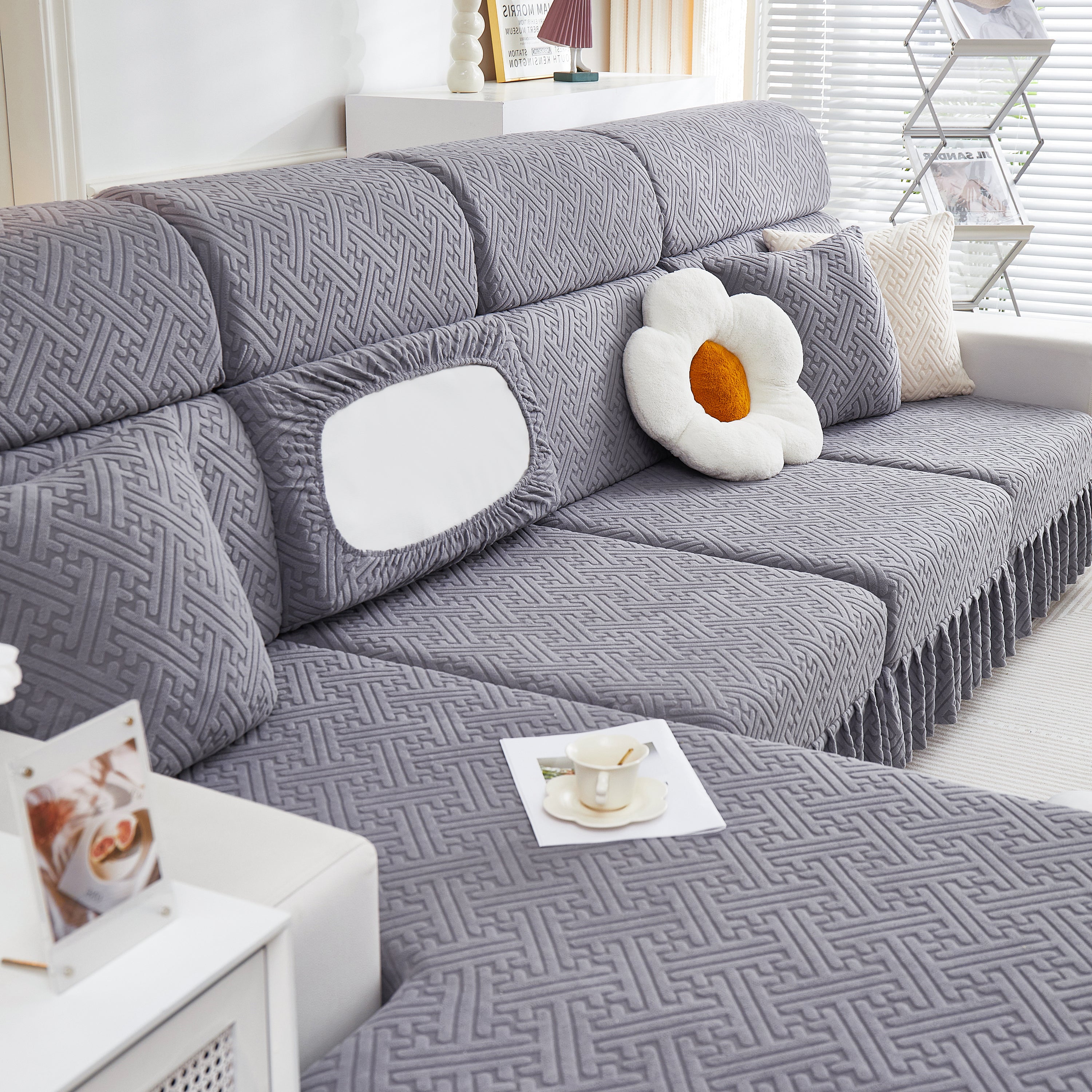 Stretch Sofa Covers With Skirt For Couch Seat And Cushion, Chaise, Sectional, 1/2/3/4 Seater Sofas