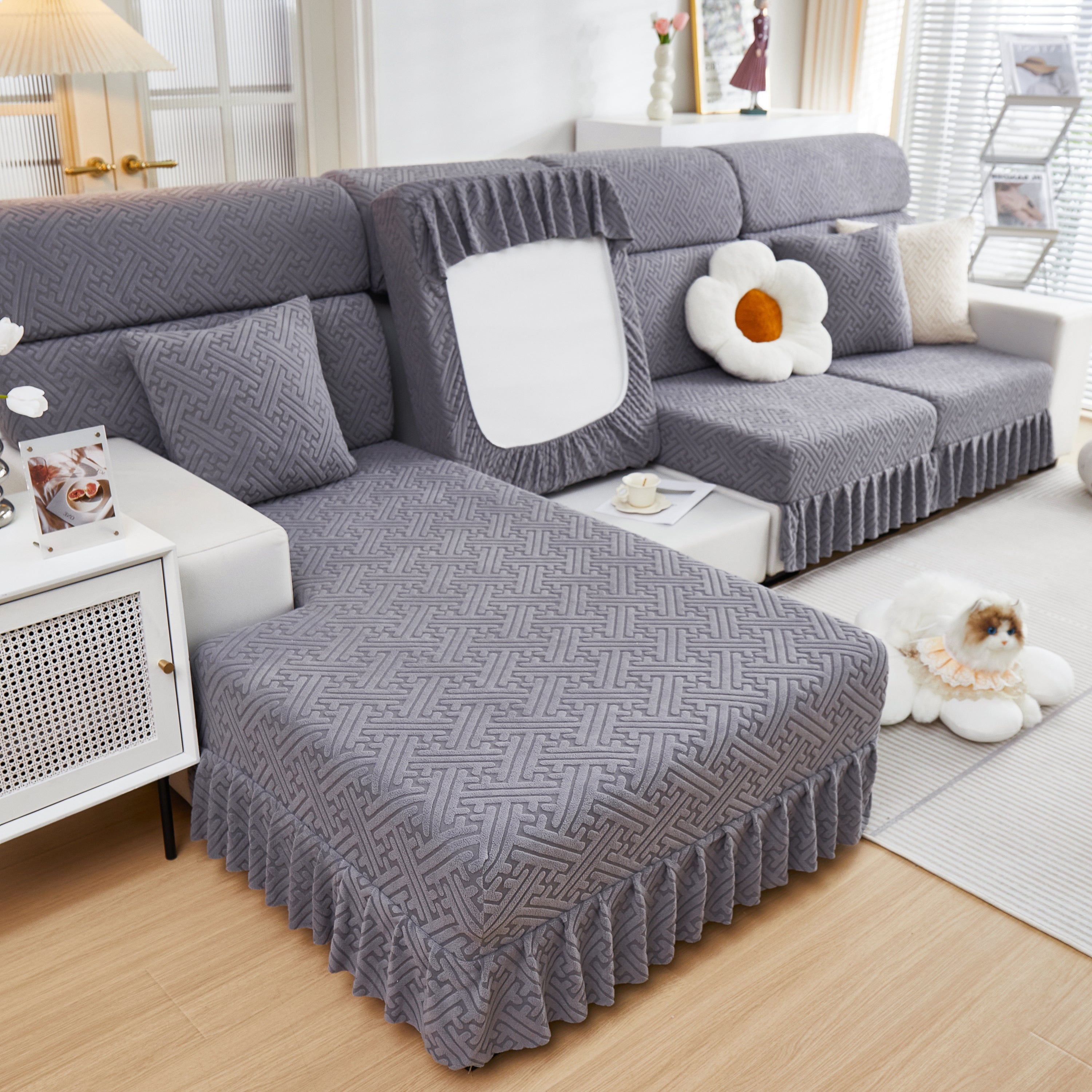 Stretch Sofa Covers With Skirt For Couch Seat And Cushion, Chaise, Sectional, 1/2/3/4 Seater Sofas