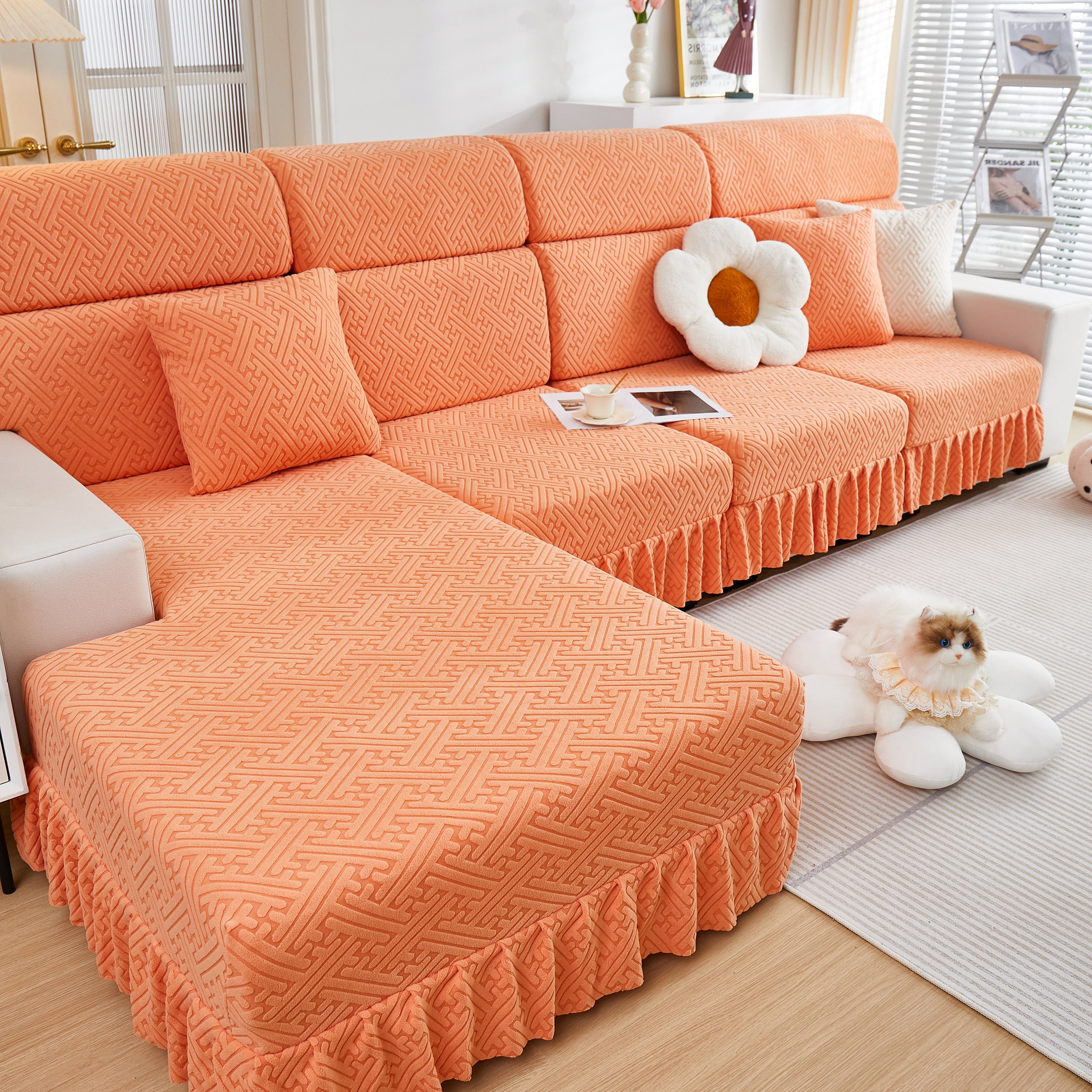 Stretch Sofa Covers With Skirt For Couch Seat And Cushion, Chaise, Sectional, 1/2/3/4 Seater Sofas