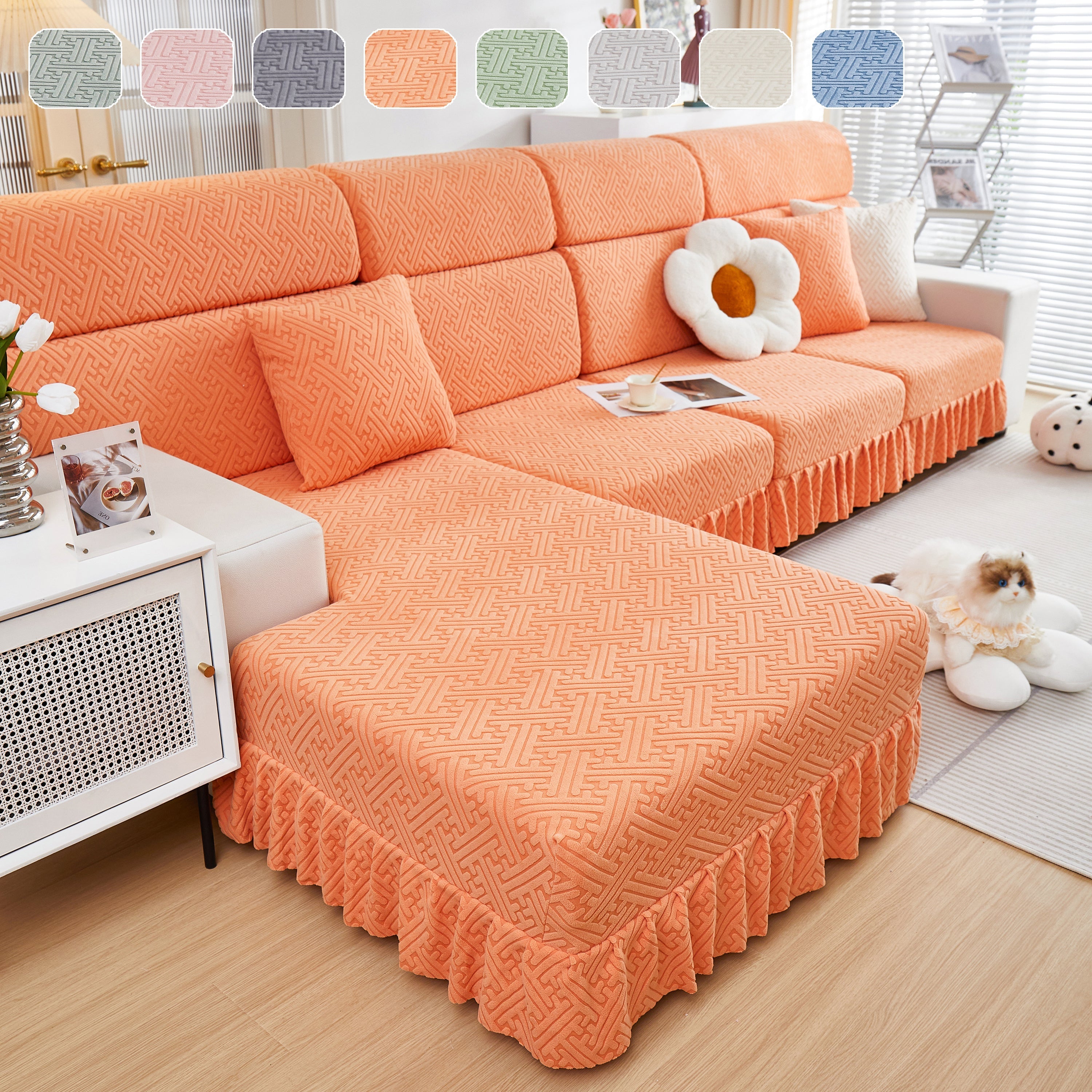 Stretch Sofa Covers With Skirt For Couch Seat And Cushion, Chaise, Sectional, 1/2/3/4 Seater Sofas