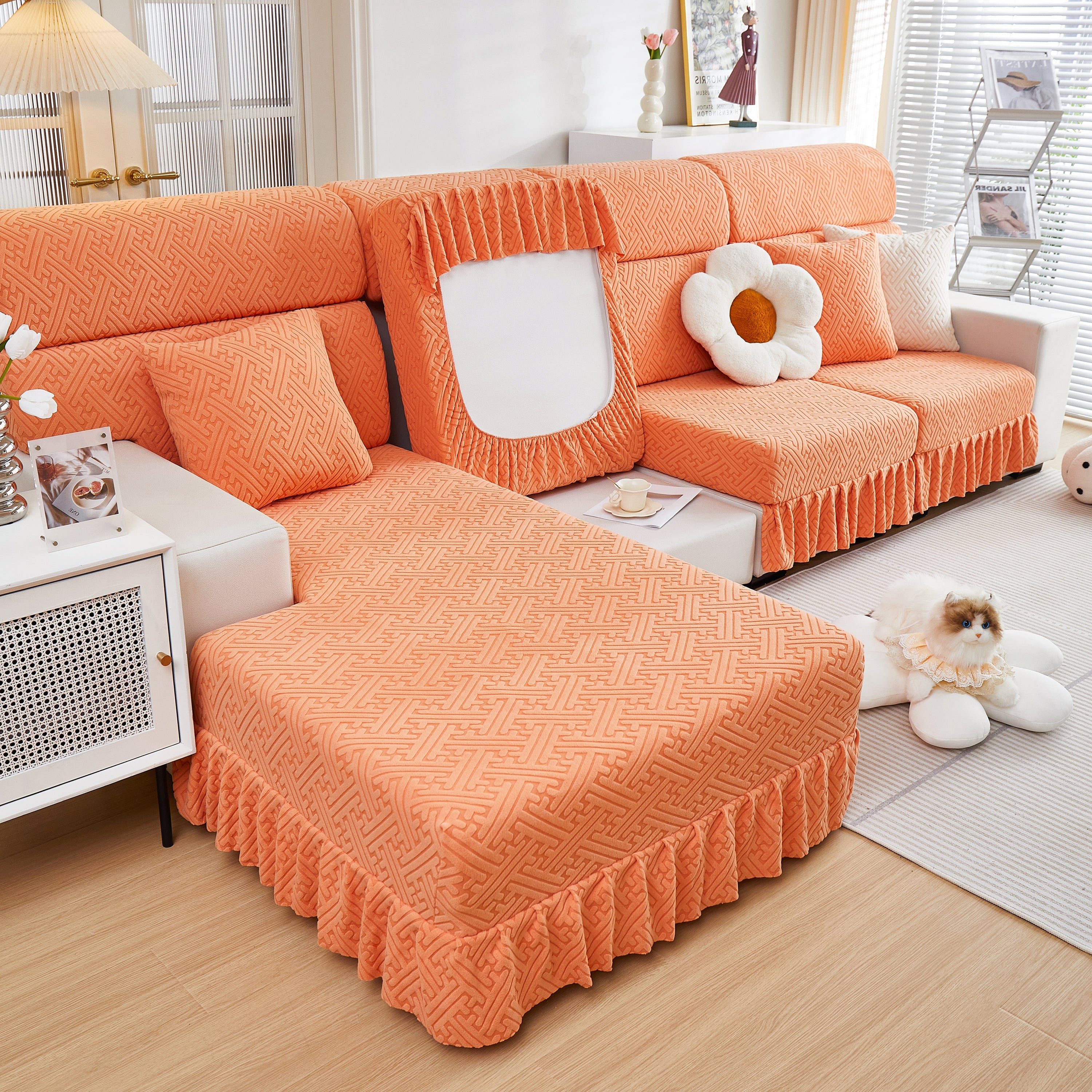 Stretch Sofa Covers With Skirt For Couch Seat And Cushion, Chaise, Sectional, 1/2/3/4 Seater Sofas