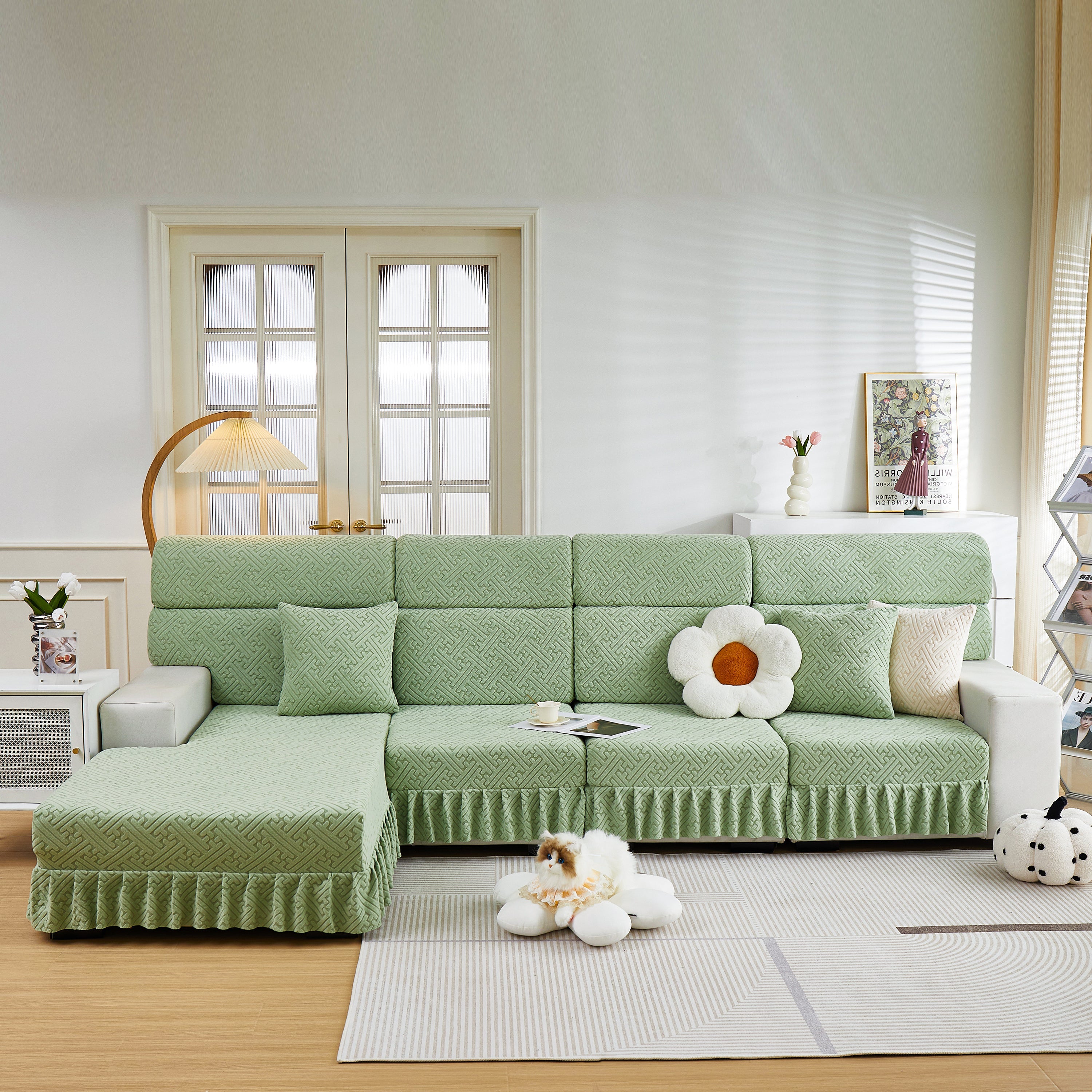 Stretch Sofa Covers With Skirt For Couch Seat And Cushion, Chaise, Sectional, 1/2/3/4 Seater Sofas