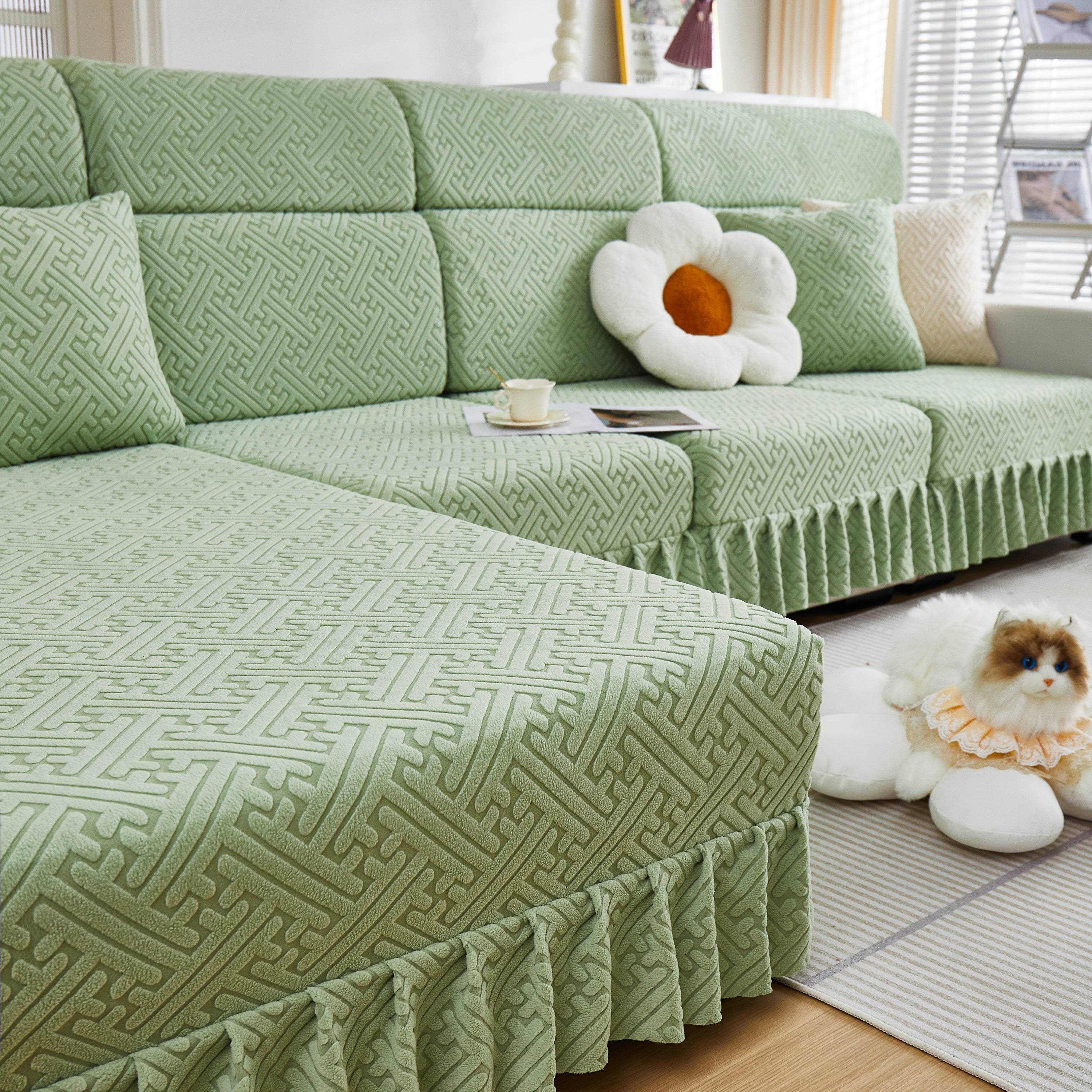 Stretch Sofa Covers With Skirt For Couch Seat And Cushion, Chaise, Sectional, 1/2/3/4 Seater Sofas