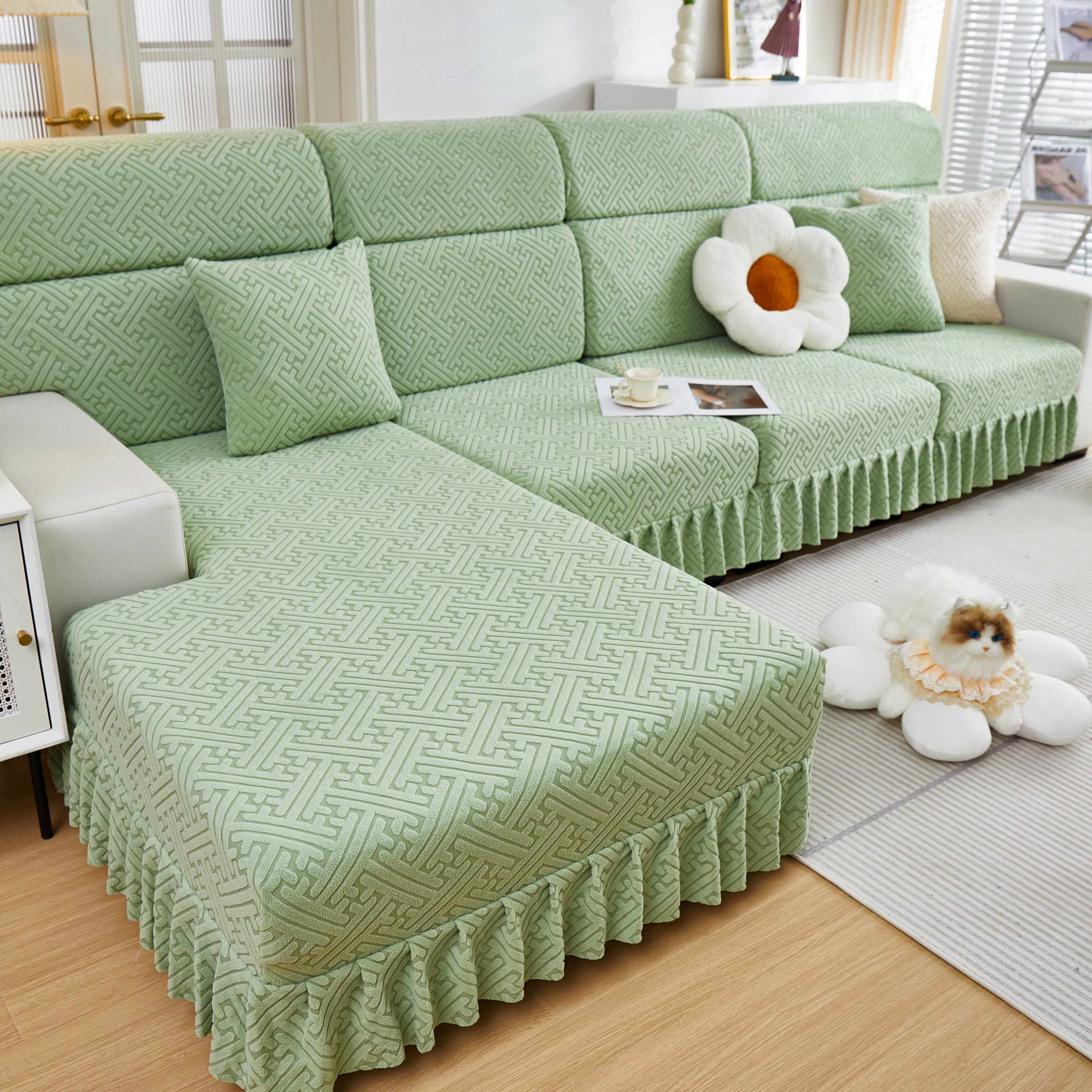 Stretch Sofa Covers With Skirt For Couch Seat And Cushion, Chaise, Sectional, 1/2/3/4 Seater Sofas