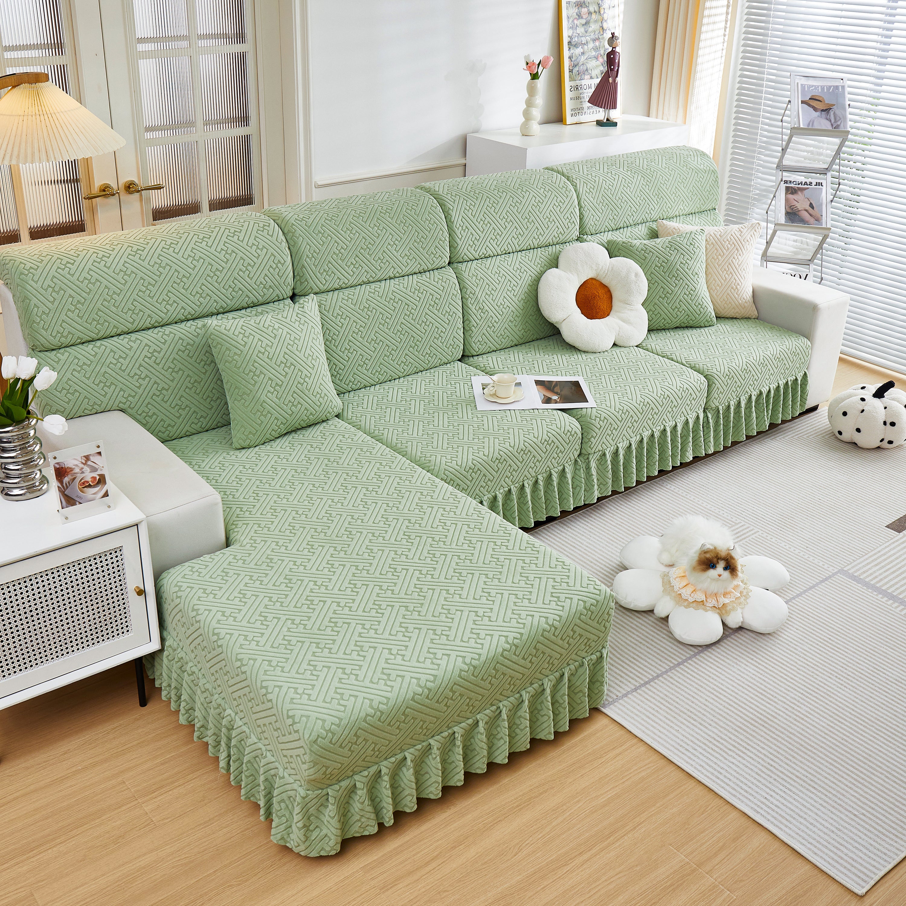 Stretch Sofa Covers With Skirt For Couch Seat And Cushion, Chaise, Sectional, 1/2/3/4 Seater Sofas
