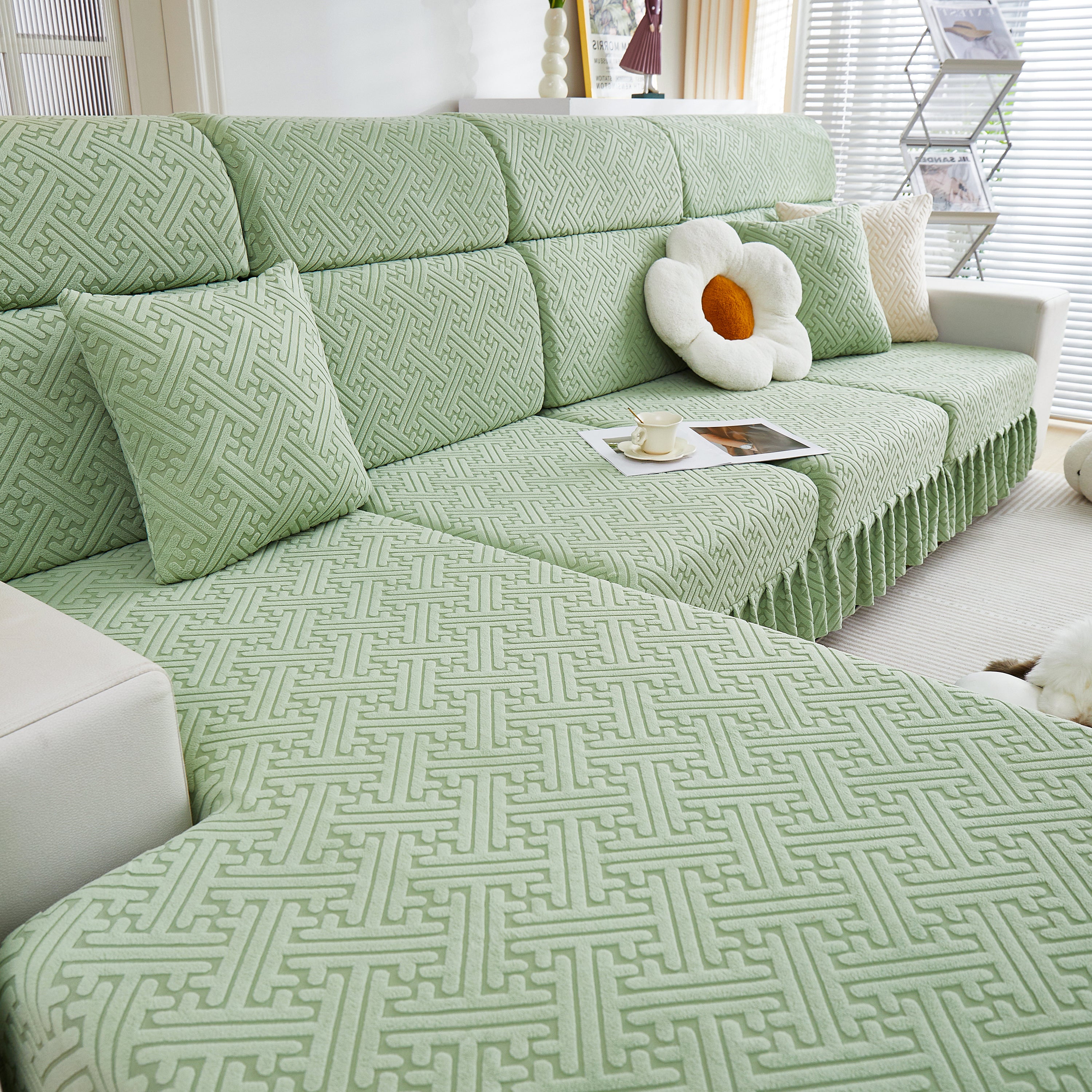 Stretch Sofa Covers With Skirt For Couch Seat And Cushion, Chaise, Sectional, 1/2/3/4 Seater Sofas