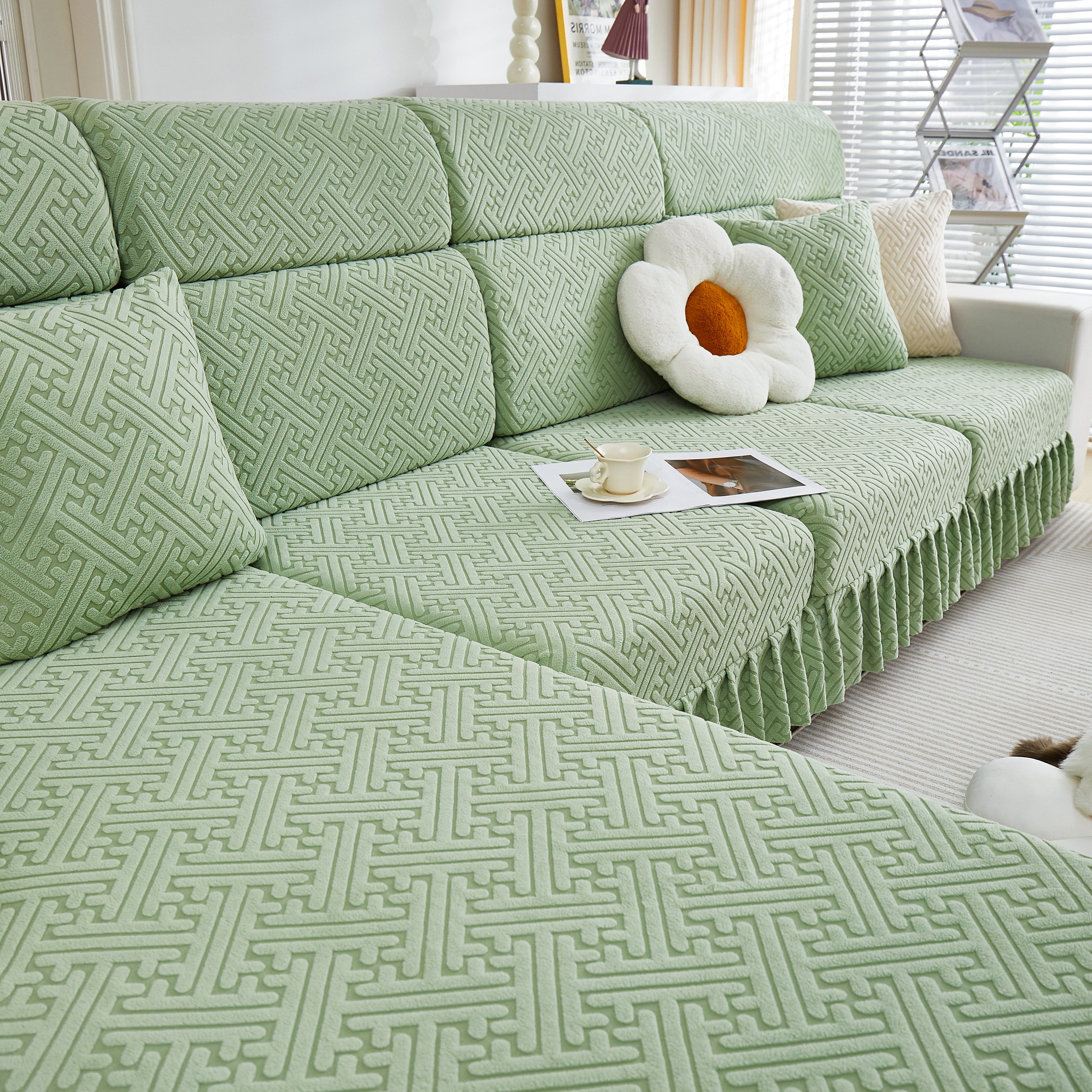 Stretch Sofa Covers With Skirt For Couch Seat And Cushion, Chaise, Sectional, 1/2/3/4 Seater Sofas