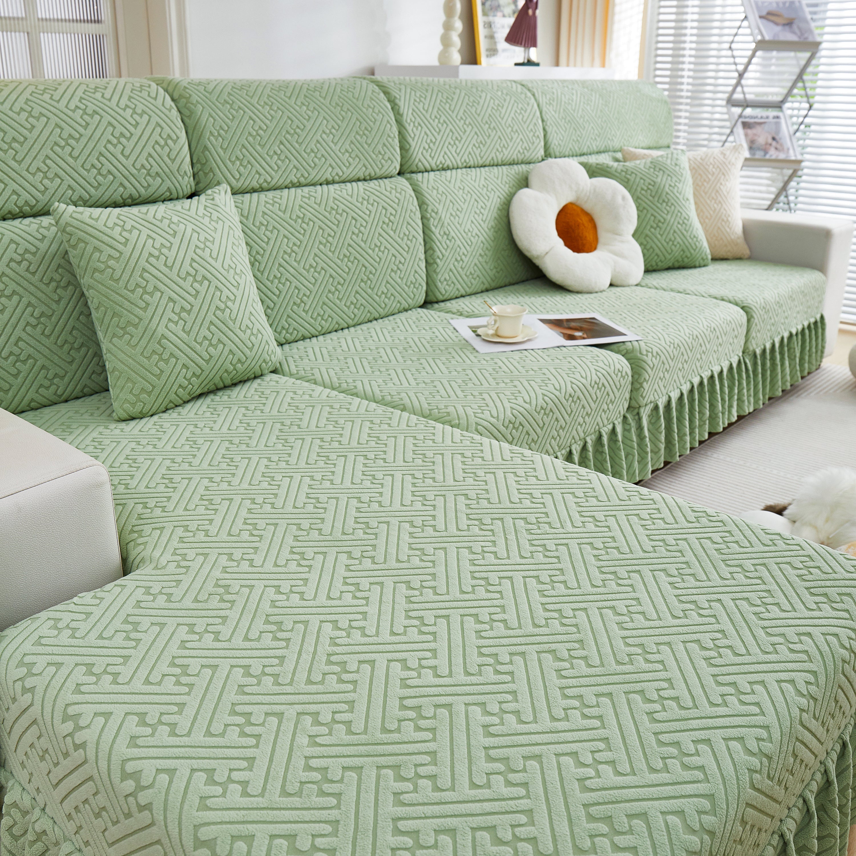 Stretch Sofa Covers With Skirt For Couch Seat And Cushion, Chaise, Sectional, 1/2/3/4 Seater Sofas
