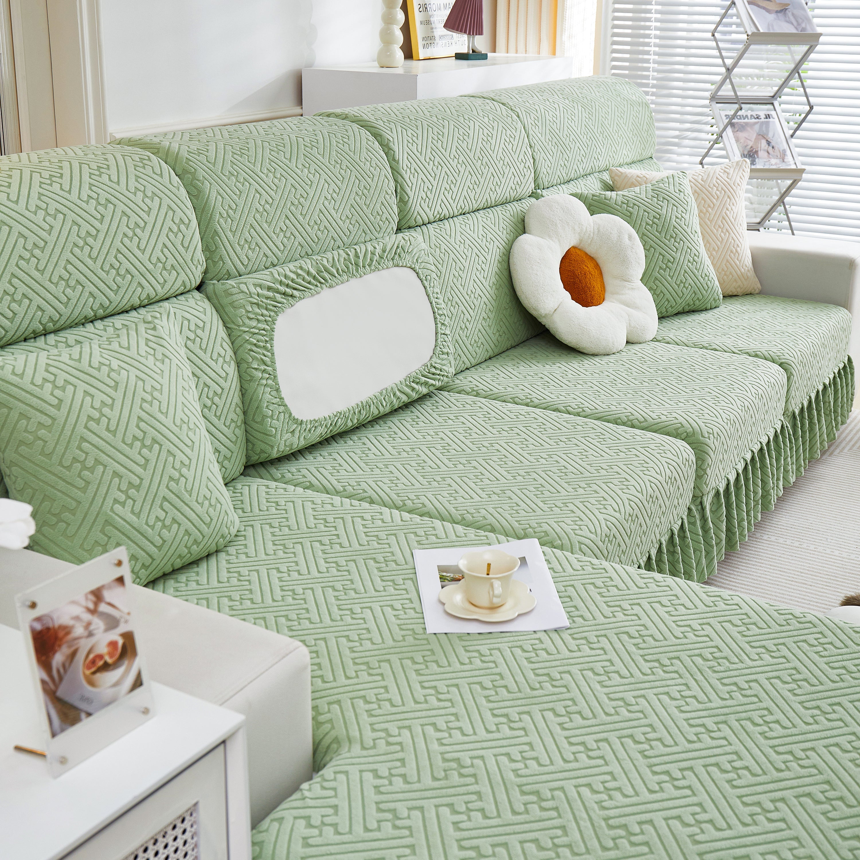 Stretch Sofa Covers With Skirt For Couch Seat And Cushion, Chaise, Sectional, 1/2/3/4 Seater Sofas