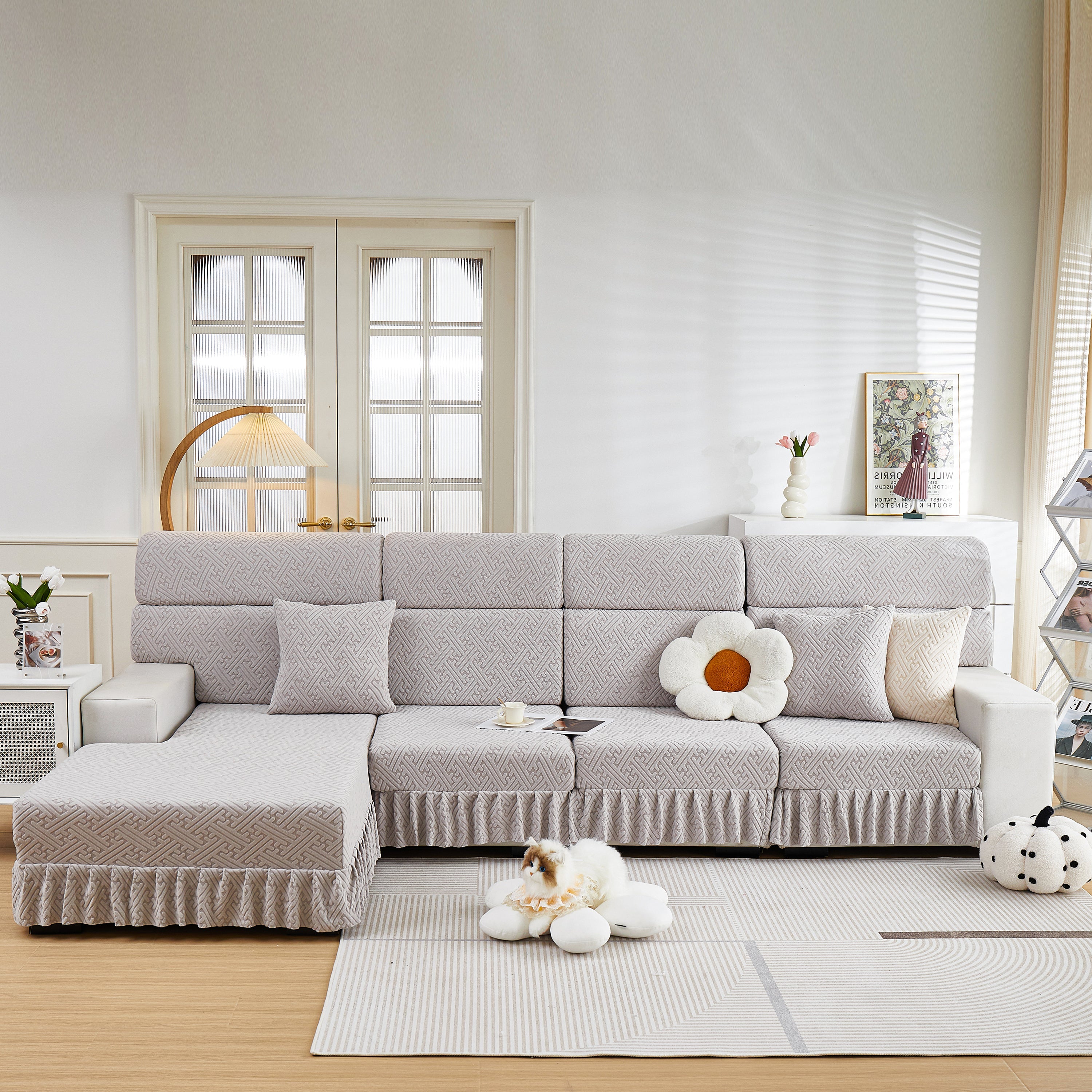 Stretch Sofa Covers With Skirt For Couch Seat And Cushion, Chaise, Sectional, 1/2/3/4 Seater Sofas