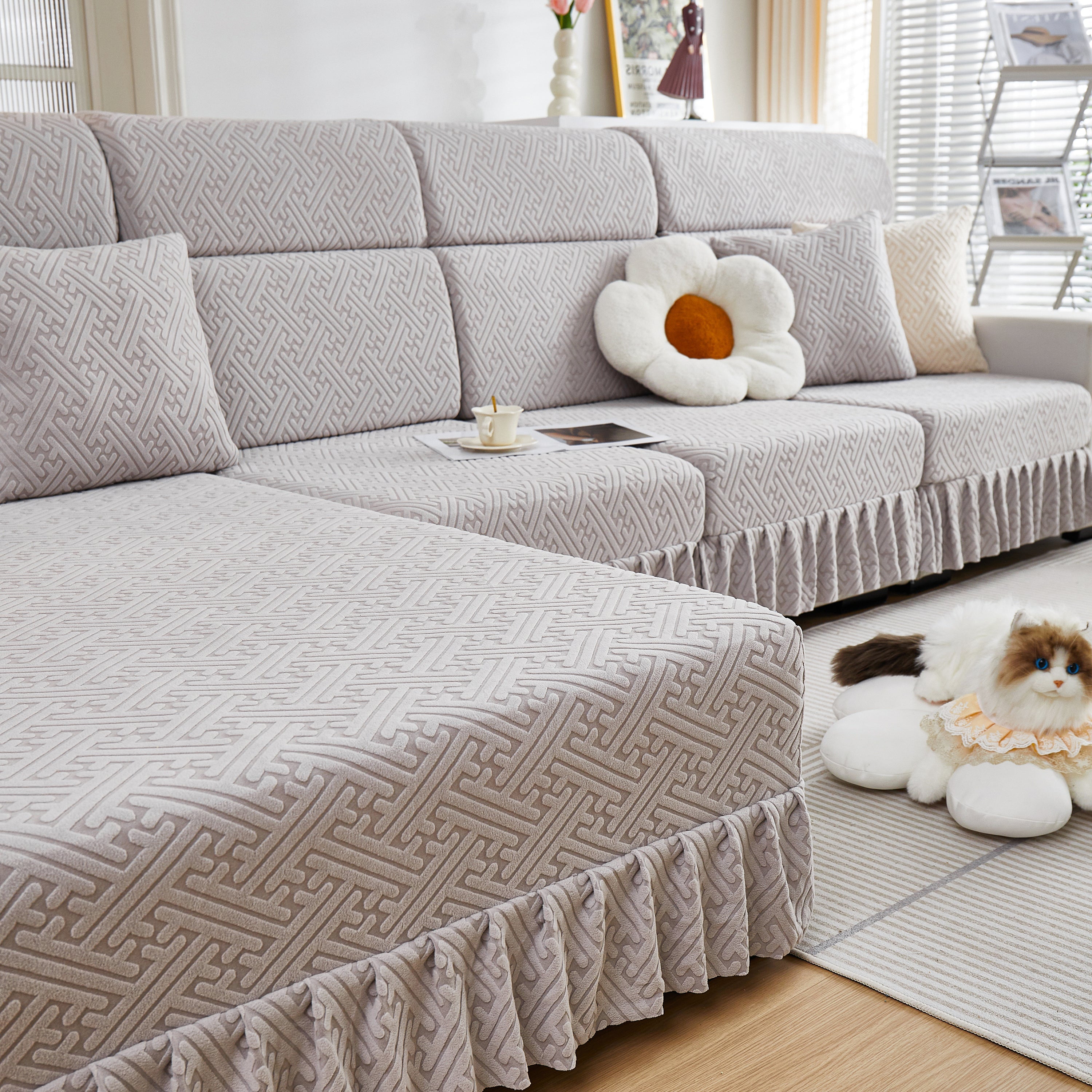 Stretch Sofa Covers With Skirt For Couch Seat And Cushion, Chaise, Sectional, 1/2/3/4 Seater Sofas