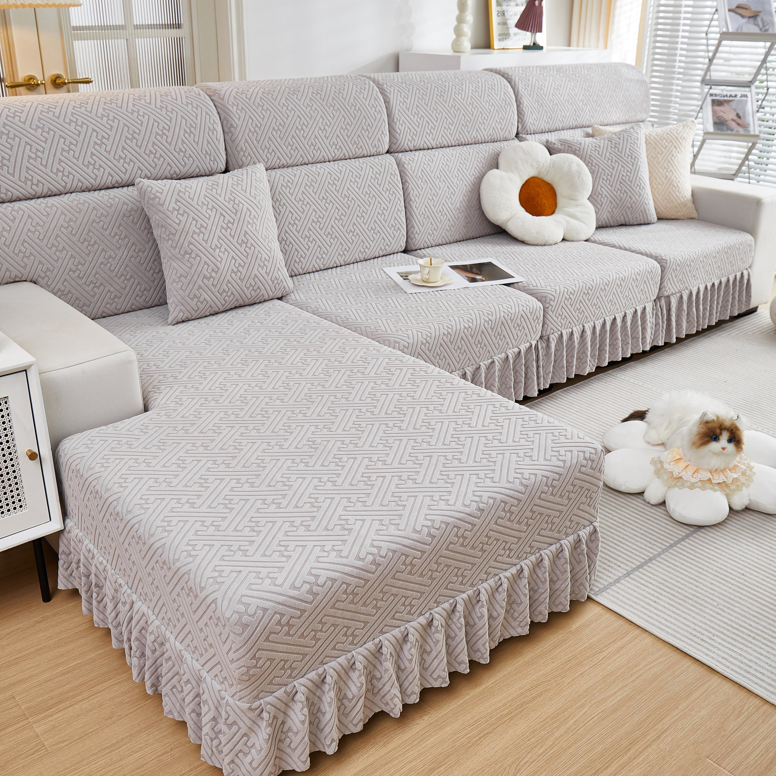 Stretch Sofa Covers With Skirt For Couch Seat And Cushion, Chaise, Sectional, 1/2/3/4 Seater Sofas