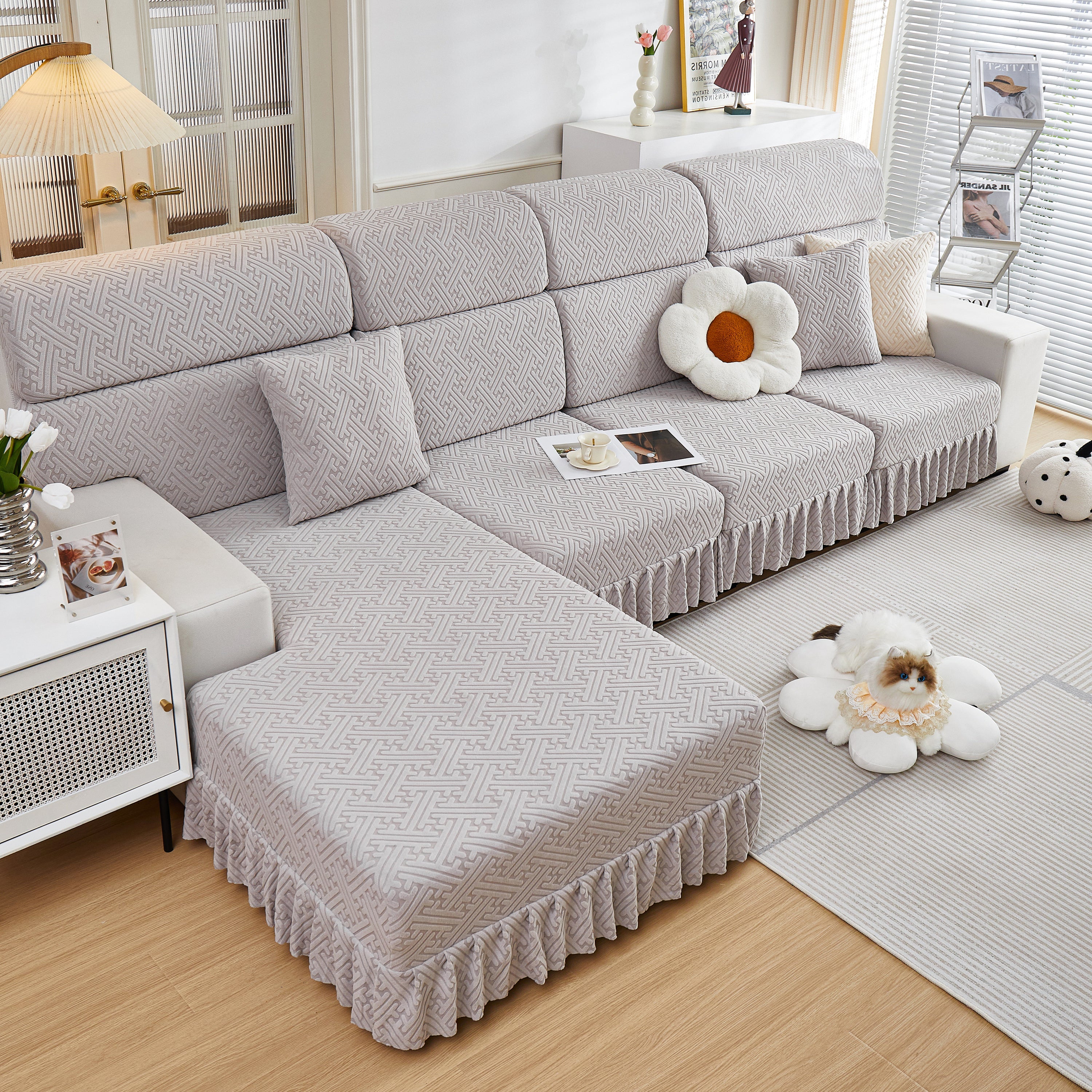 Stretch Sofa Covers With Skirt For Couch Seat And Cushion, Chaise, Sectional, 1/2/3/4 Seater Sofas