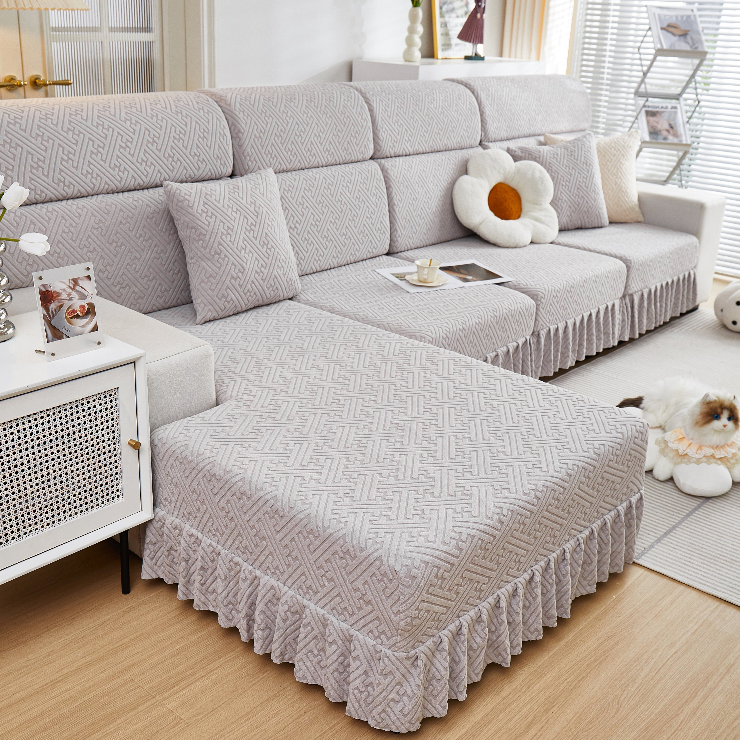 Stretch Sofa Covers With Skirt For Couch Seat And Cushion, Chaise, Sectional, 1/2/3/4 Seater Sofas