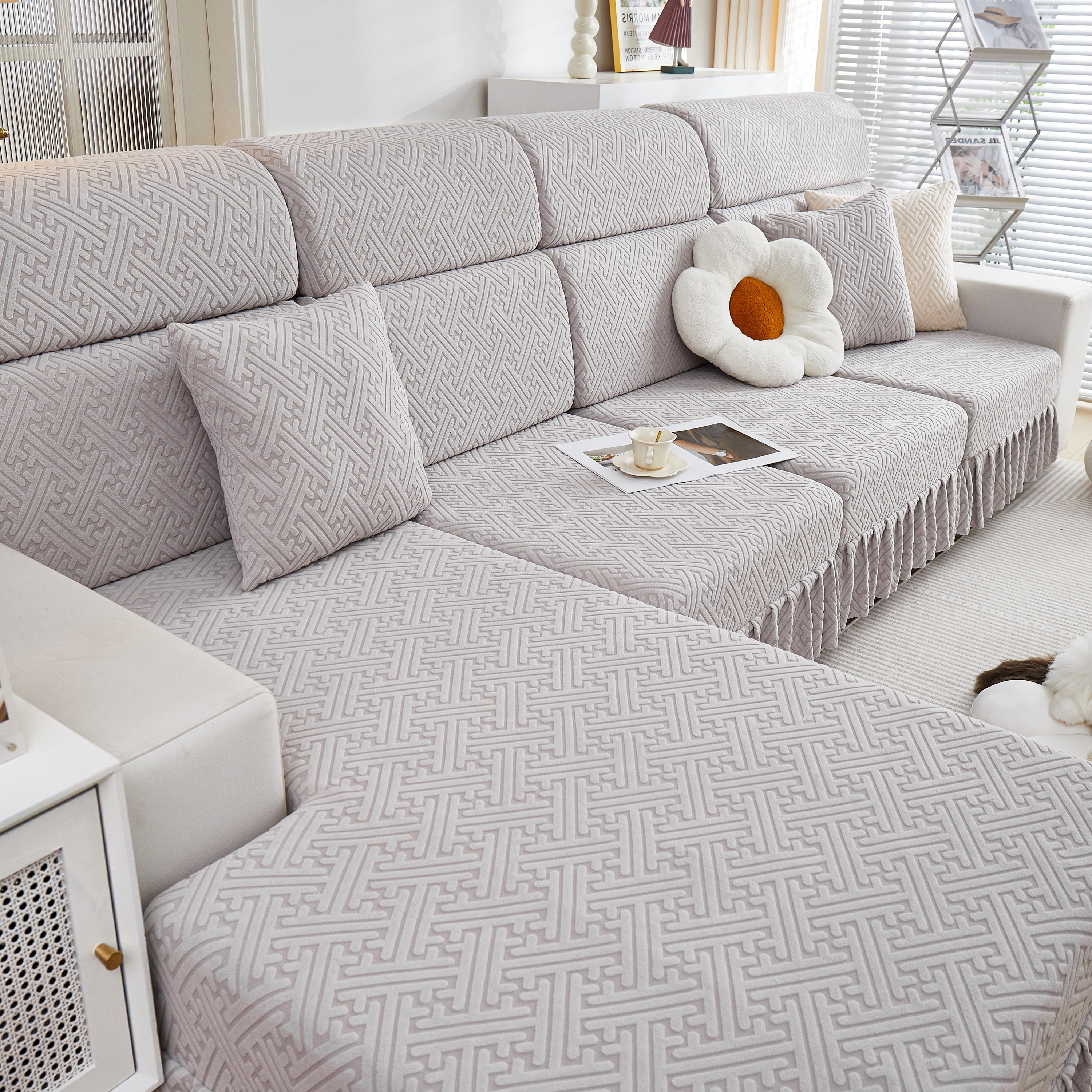 Stretch Sofa Covers With Skirt For Couch Seat And Cushion, Chaise, Sectional, 1/2/3/4 Seater Sofas
