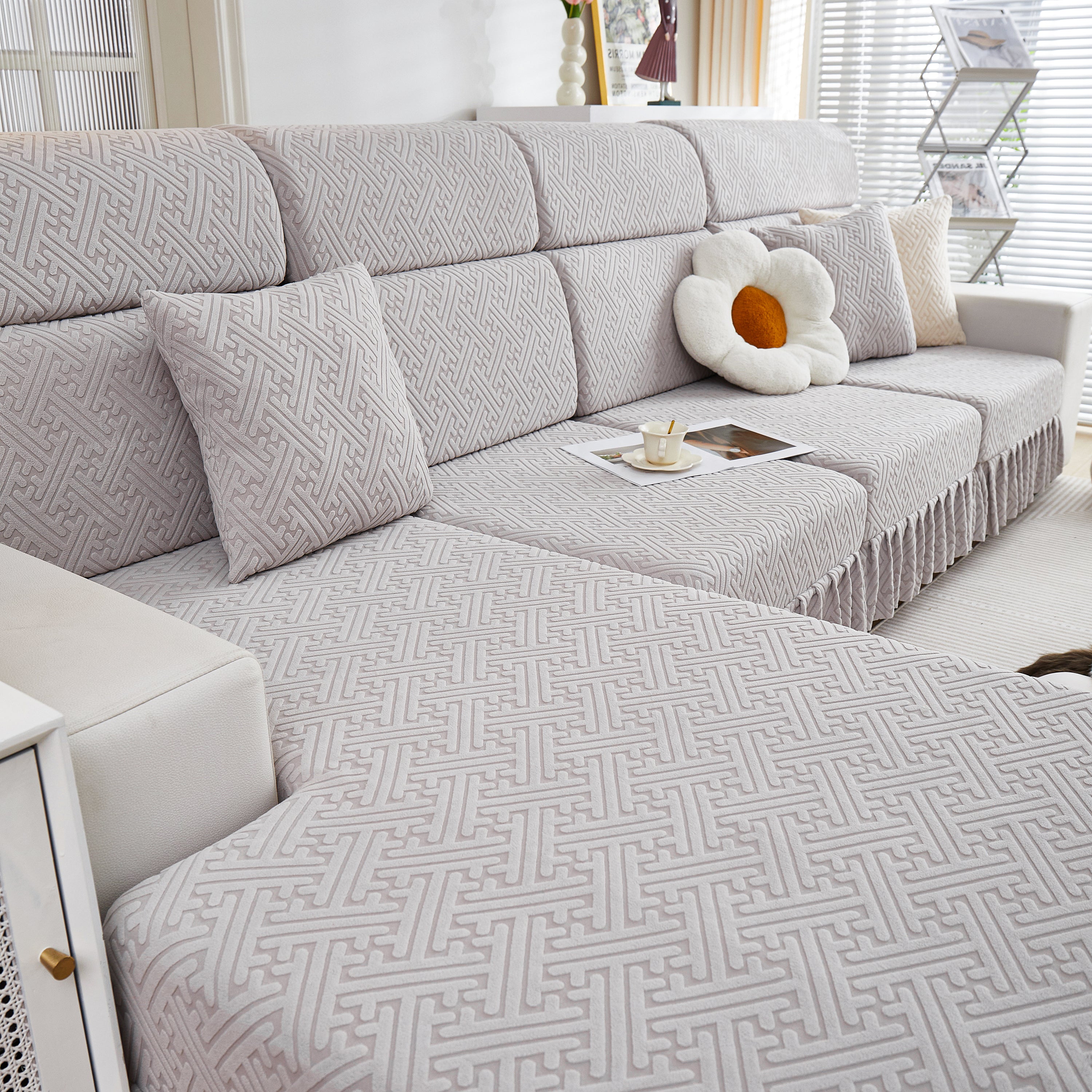 Stretch Sofa Covers With Skirt For Couch Seat And Cushion, Chaise, Sectional, 1/2/3/4 Seater Sofas