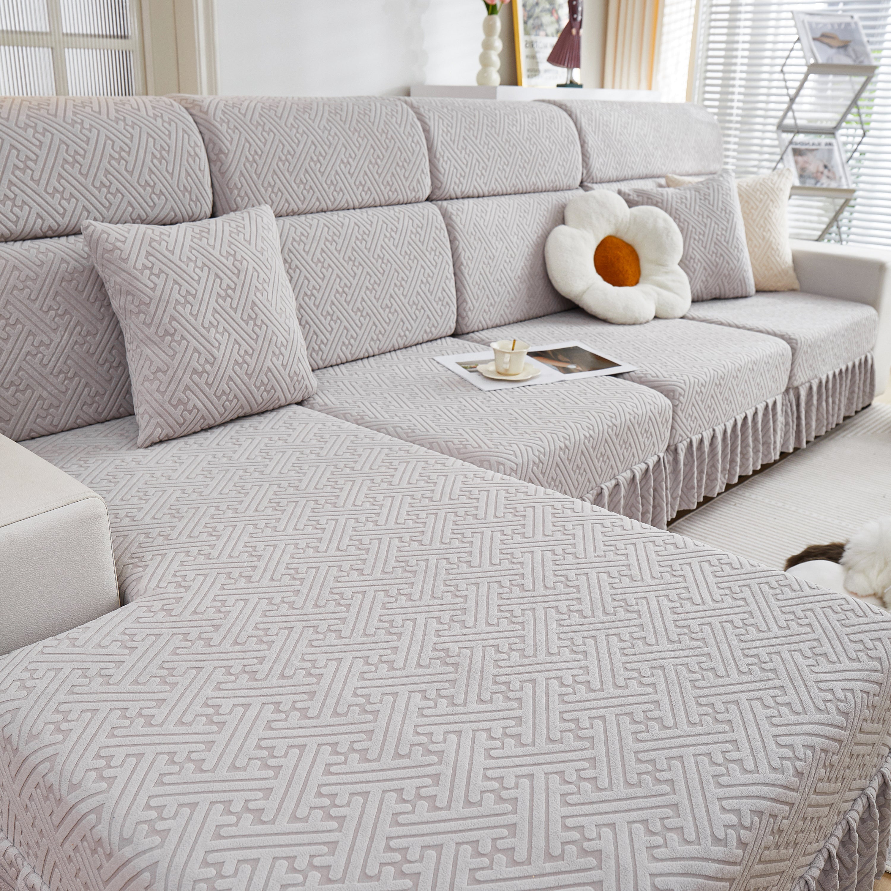 Stretch Sofa Covers With Skirt For Couch Seat And Cushion, Chaise, Sectional, 1/2/3/4 Seater Sofas