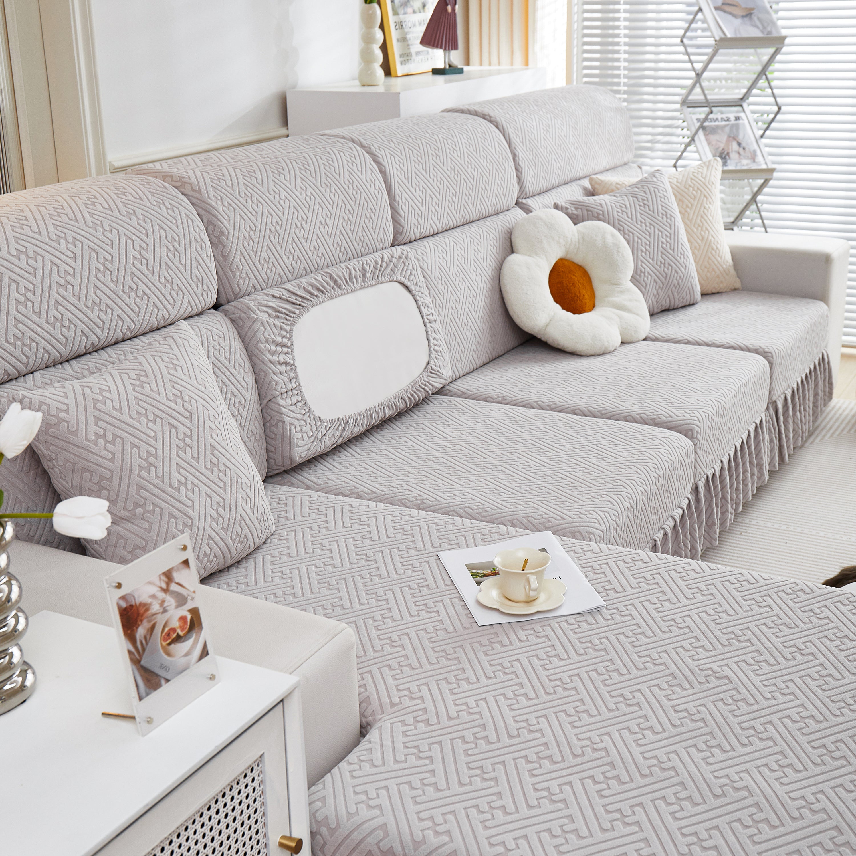 Stretch Sofa Covers With Skirt For Couch Seat And Cushion, Chaise, Sectional, 1/2/3/4 Seater Sofas
