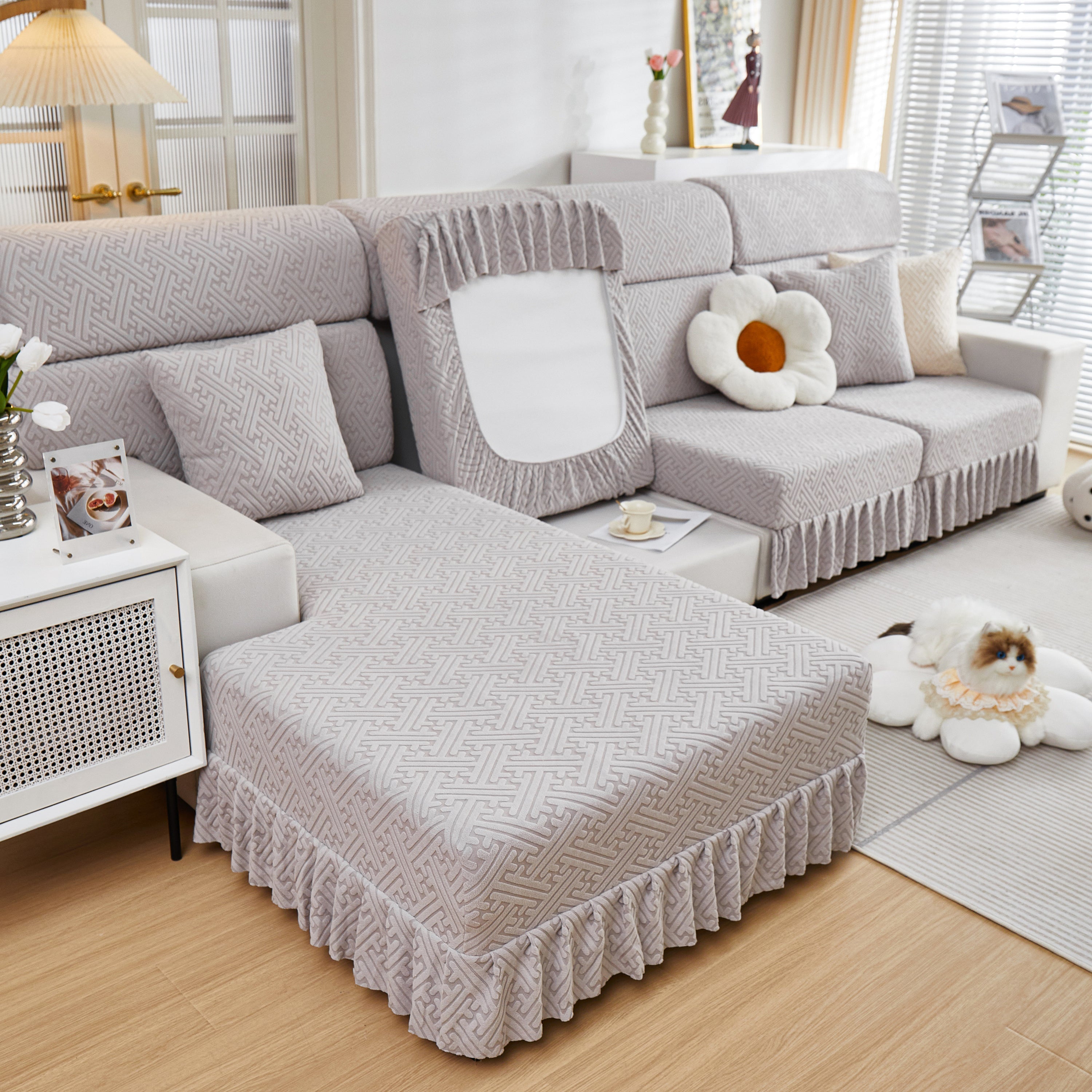 Stretch Sofa Covers With Skirt For Couch Seat And Cushion, Chaise, Sectional, 1/2/3/4 Seater Sofas