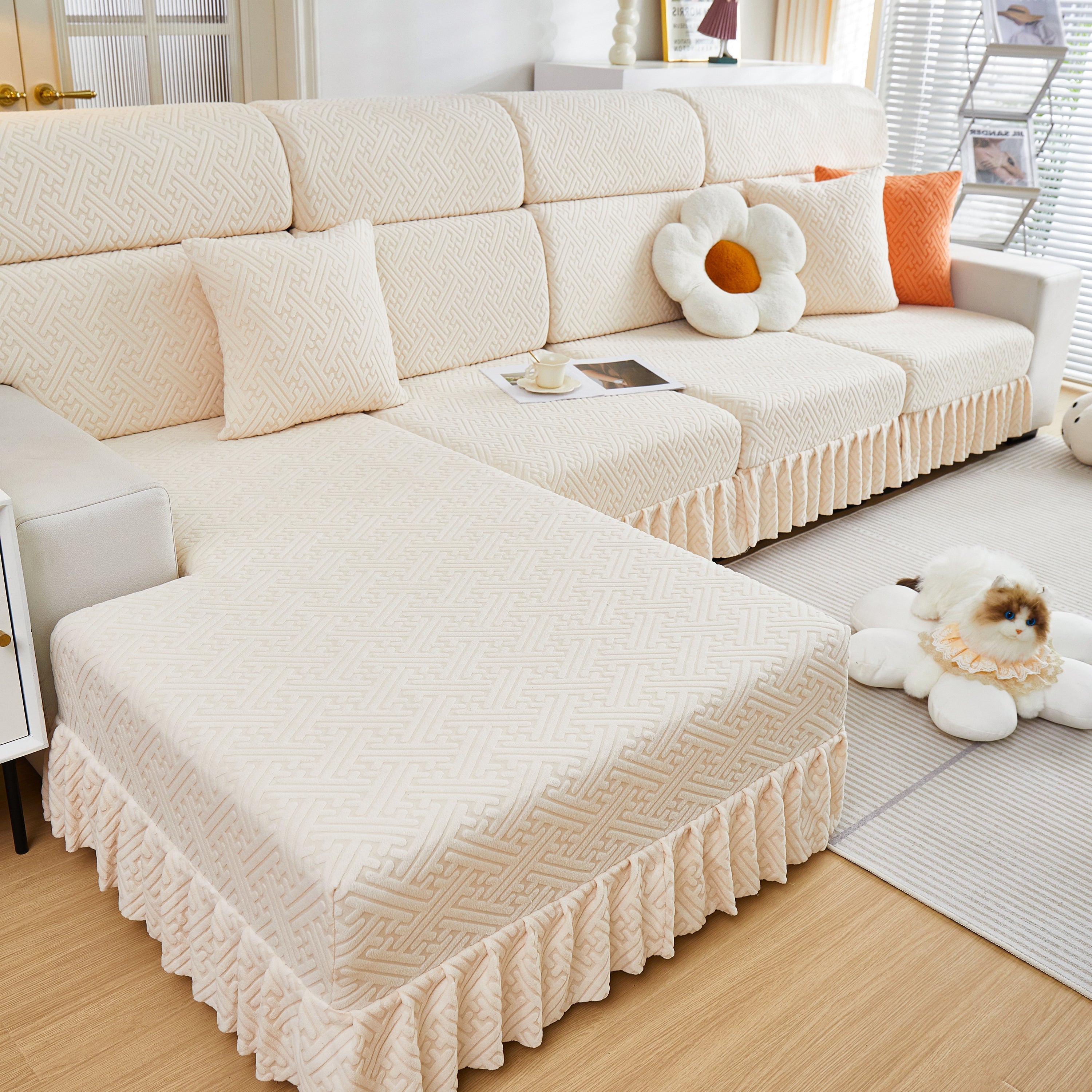 Stretch Sofa Covers With Skirt For Couch Seat And Cushion, Chaise, Sectional, 1/2/3/4 Seater Sofas