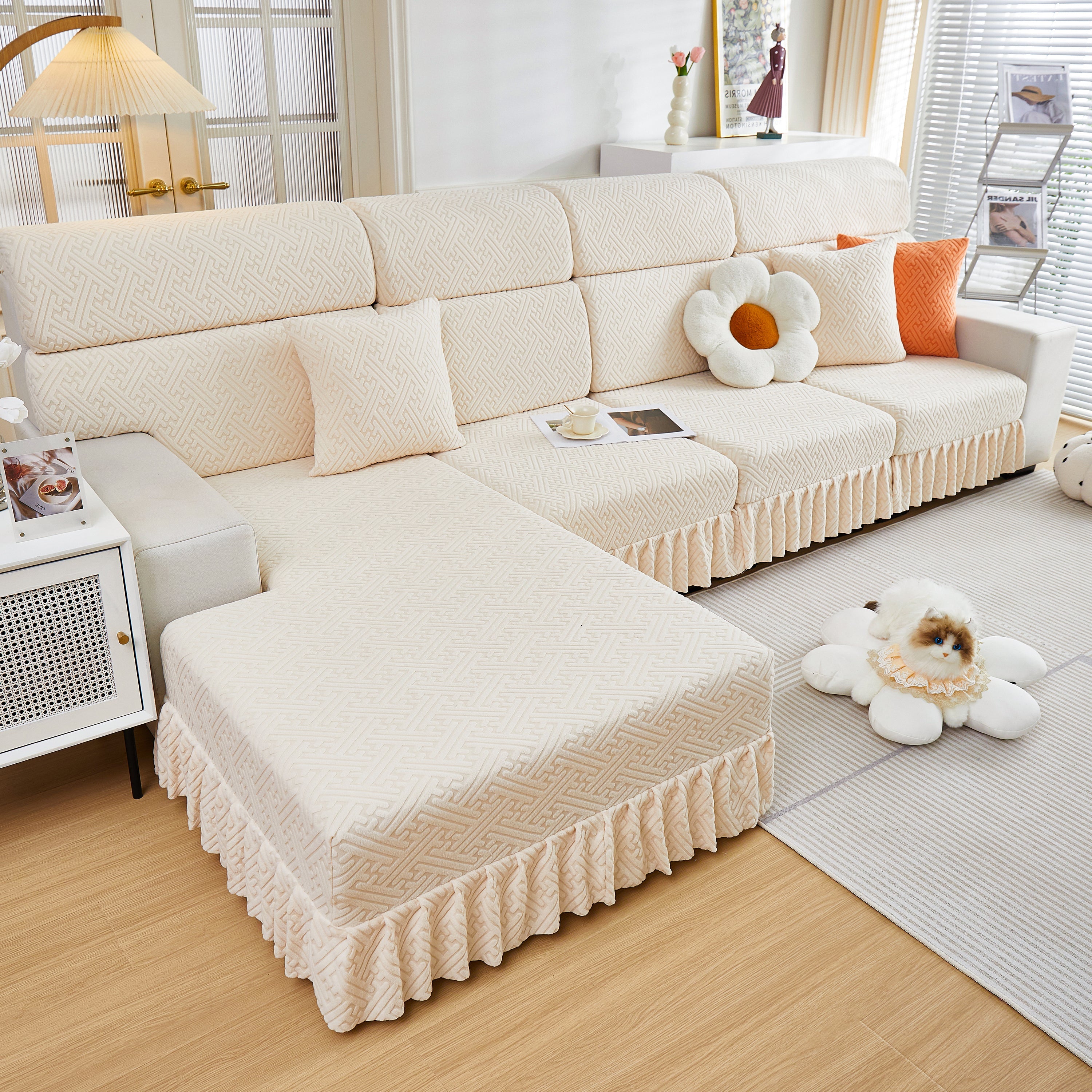 Stretch Sofa Covers With Skirt For Couch Seat And Cushion, Chaise, Sectional, 1/2/3/4 Seater Sofas