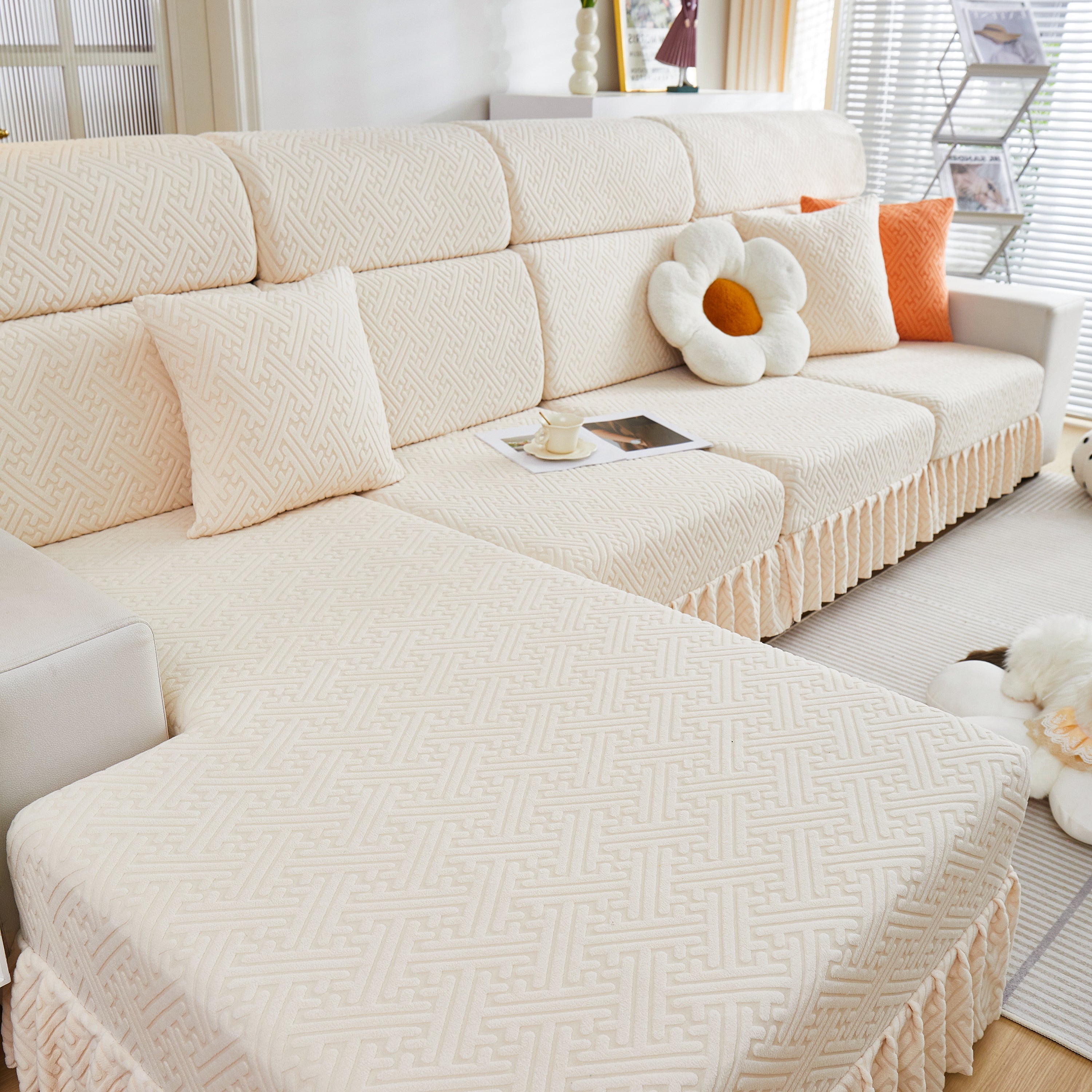 Stretch Sofa Covers With Skirt For Couch Seat And Cushion, Chaise, Sectional, 1/2/3/4 Seater Sofas