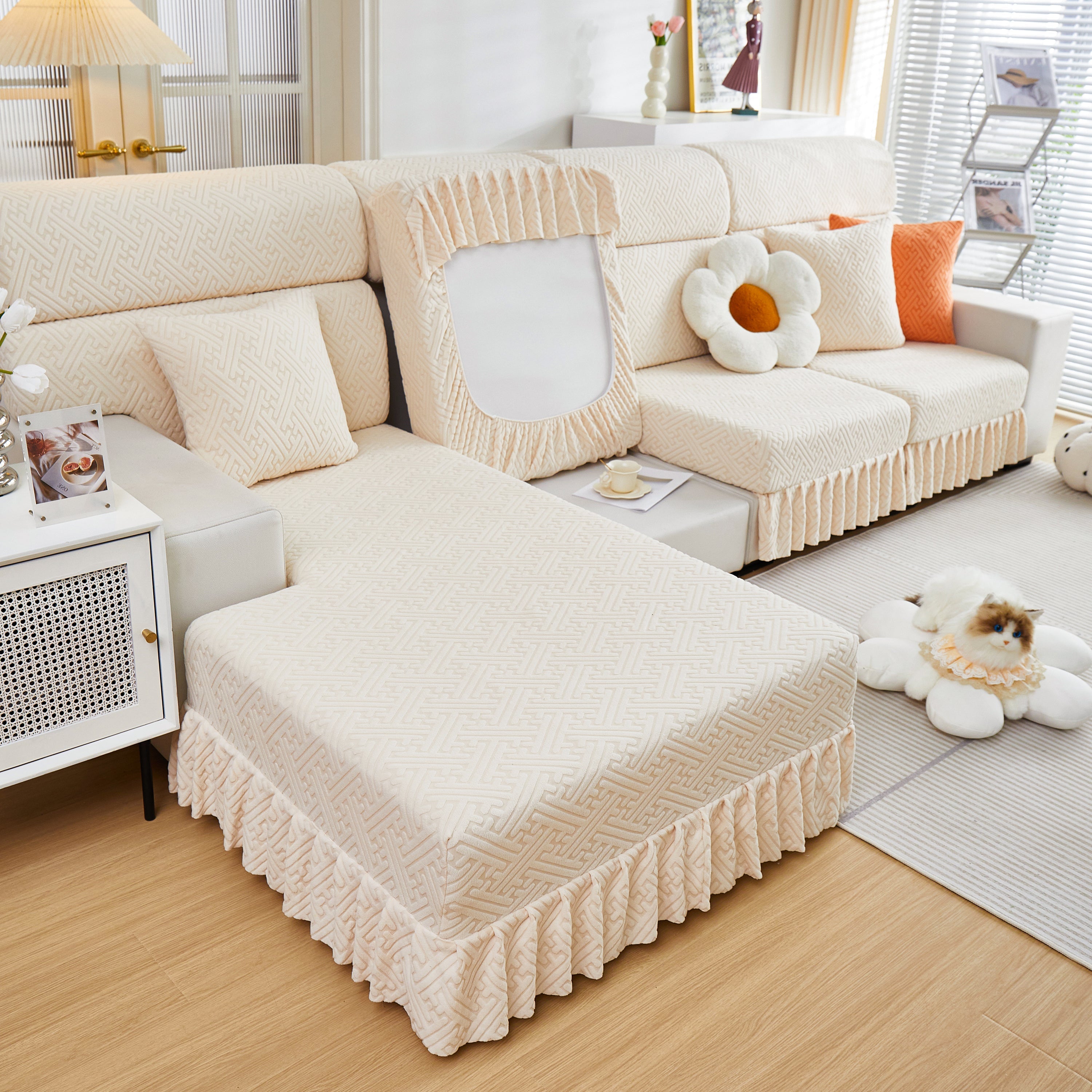 Stretch Sofa Covers With Skirt For Couch Seat And Cushion, Chaise, Sectional, 1/2/3/4 Seater Sofas
