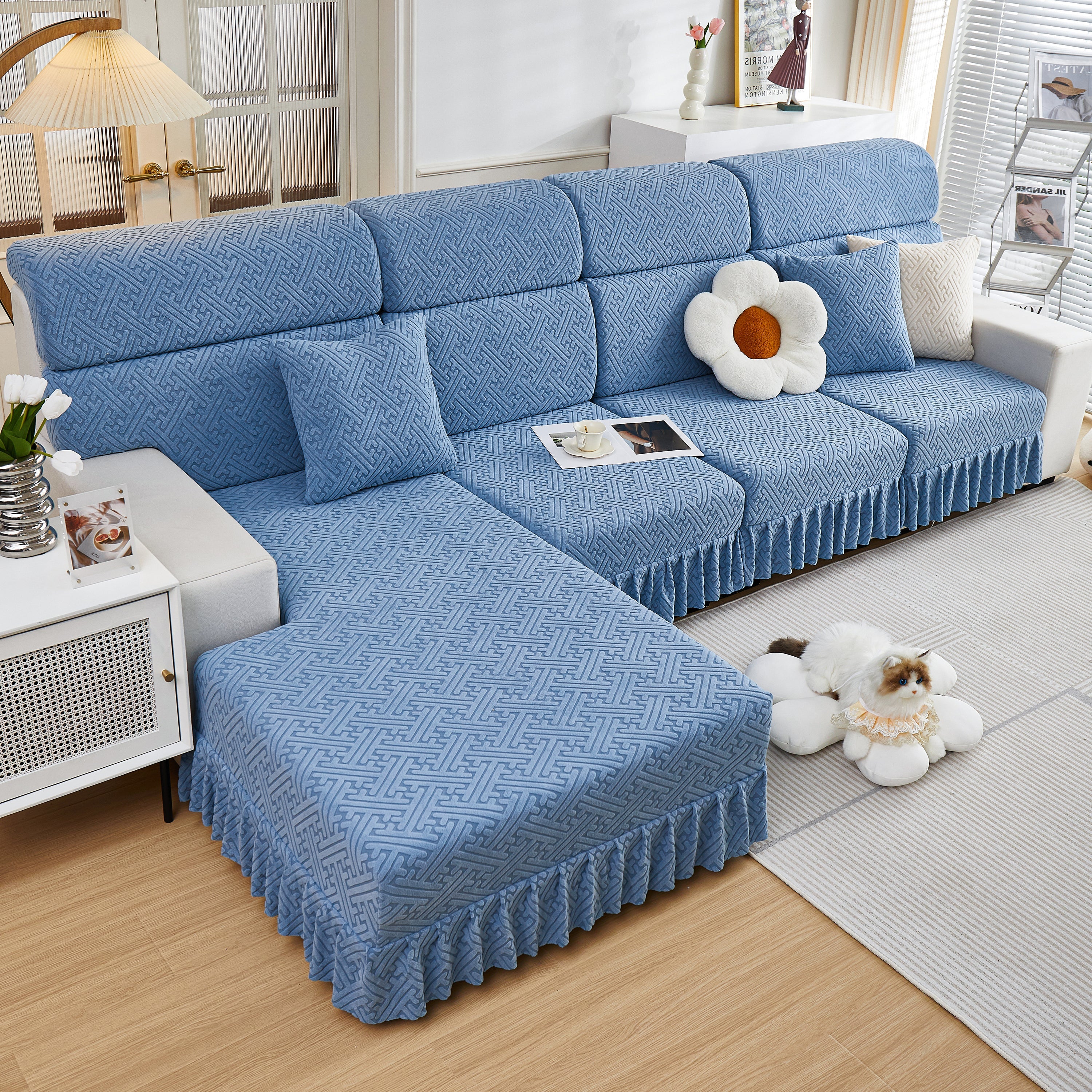 Stretch Sofa Covers With Skirt For Couch Seat And Cushion, Chaise, Sectional, 1/2/3/4 Seater Sofas