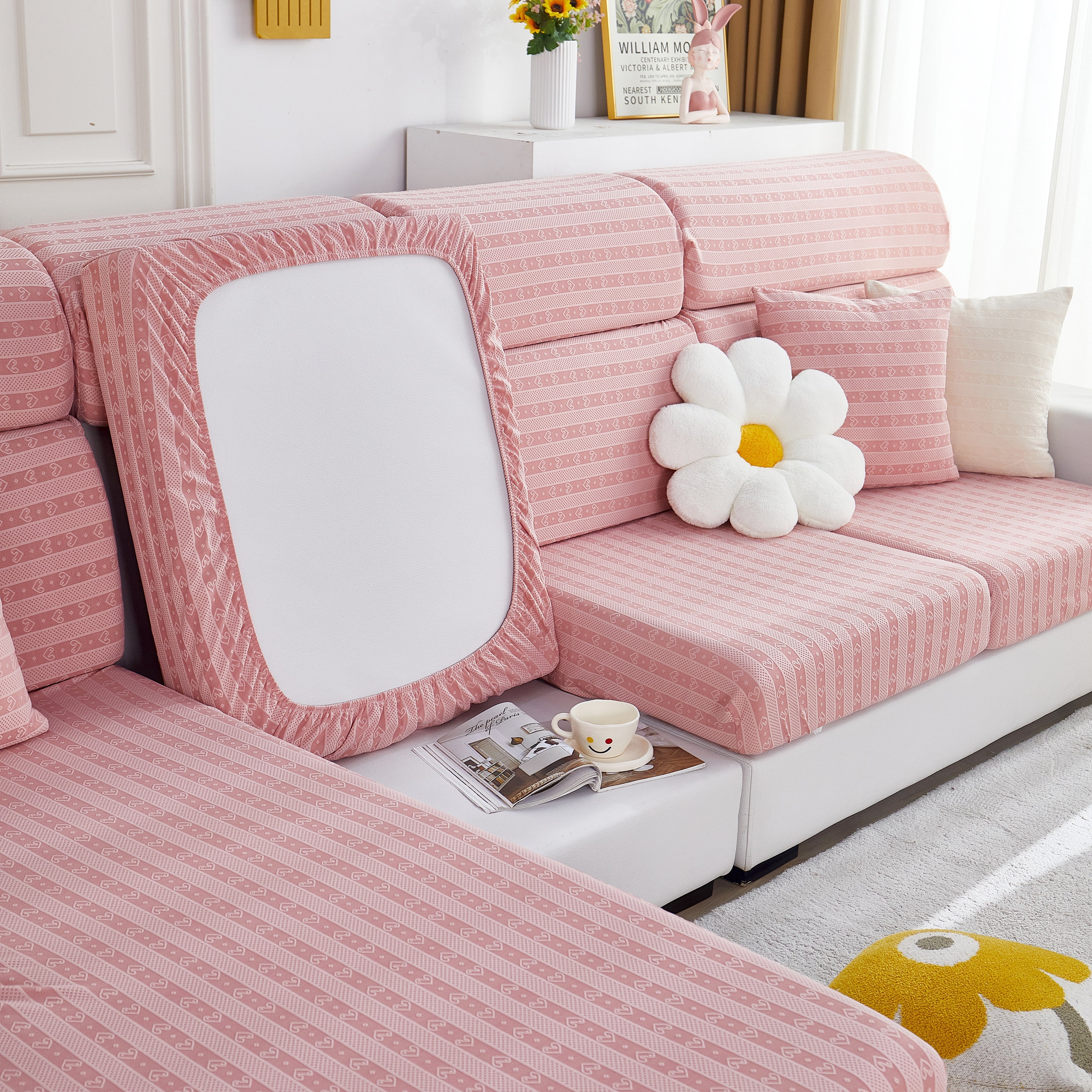 Love Stripe Jacquard Fleece Fabric Stretch Cushion Cover, Non-slip Furniture Protector For Kids, Couch Cushion Covers