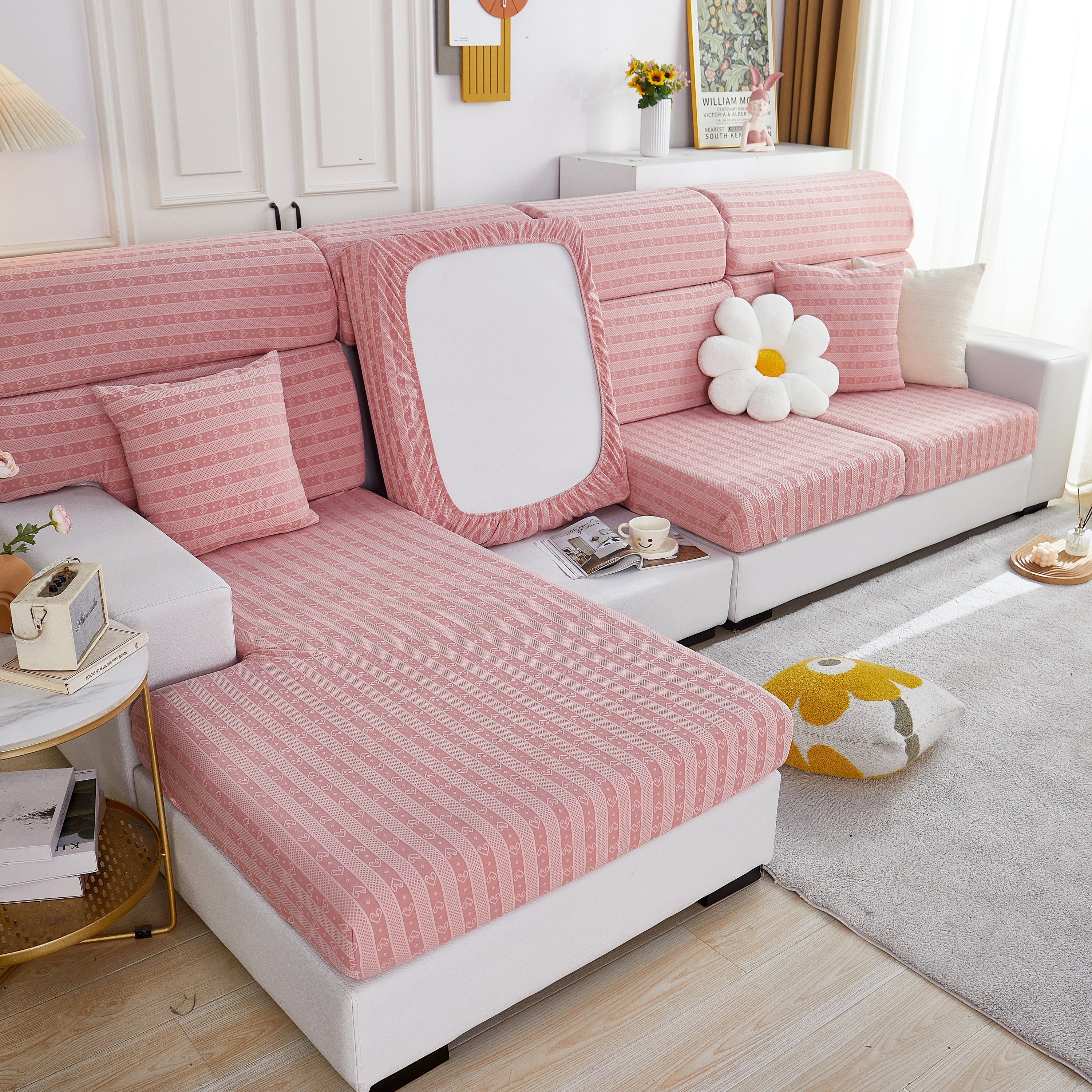 Love Stripe Jacquard Fleece Fabric Stretch Cushion Cover, Non-slip Furniture Protector For Kids, Couch Cushion Covers