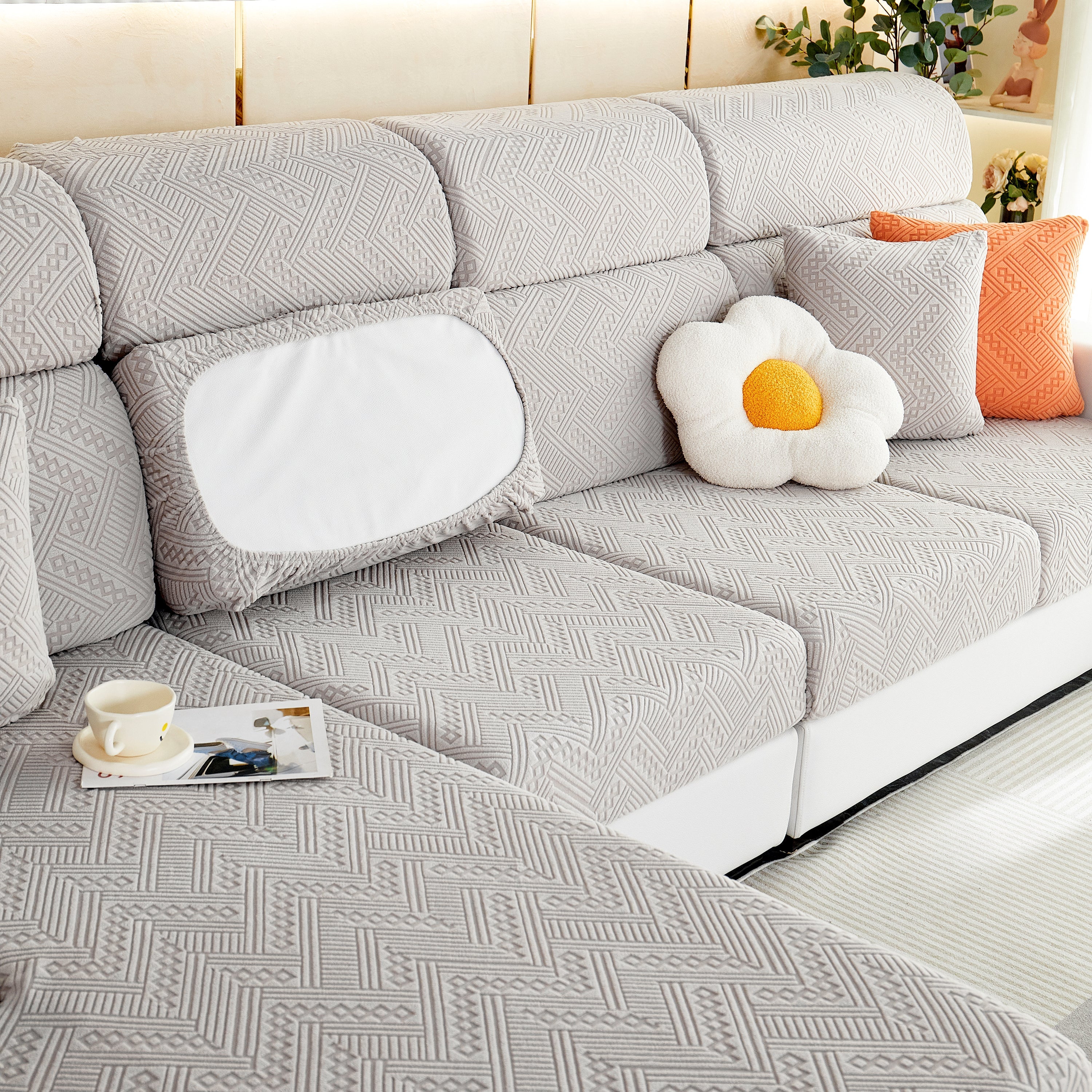 Stretch Jacquard Fleece Settee Cushion Covers, Stylish Non Slip Couch Cushion Covers For Sectional Sofas