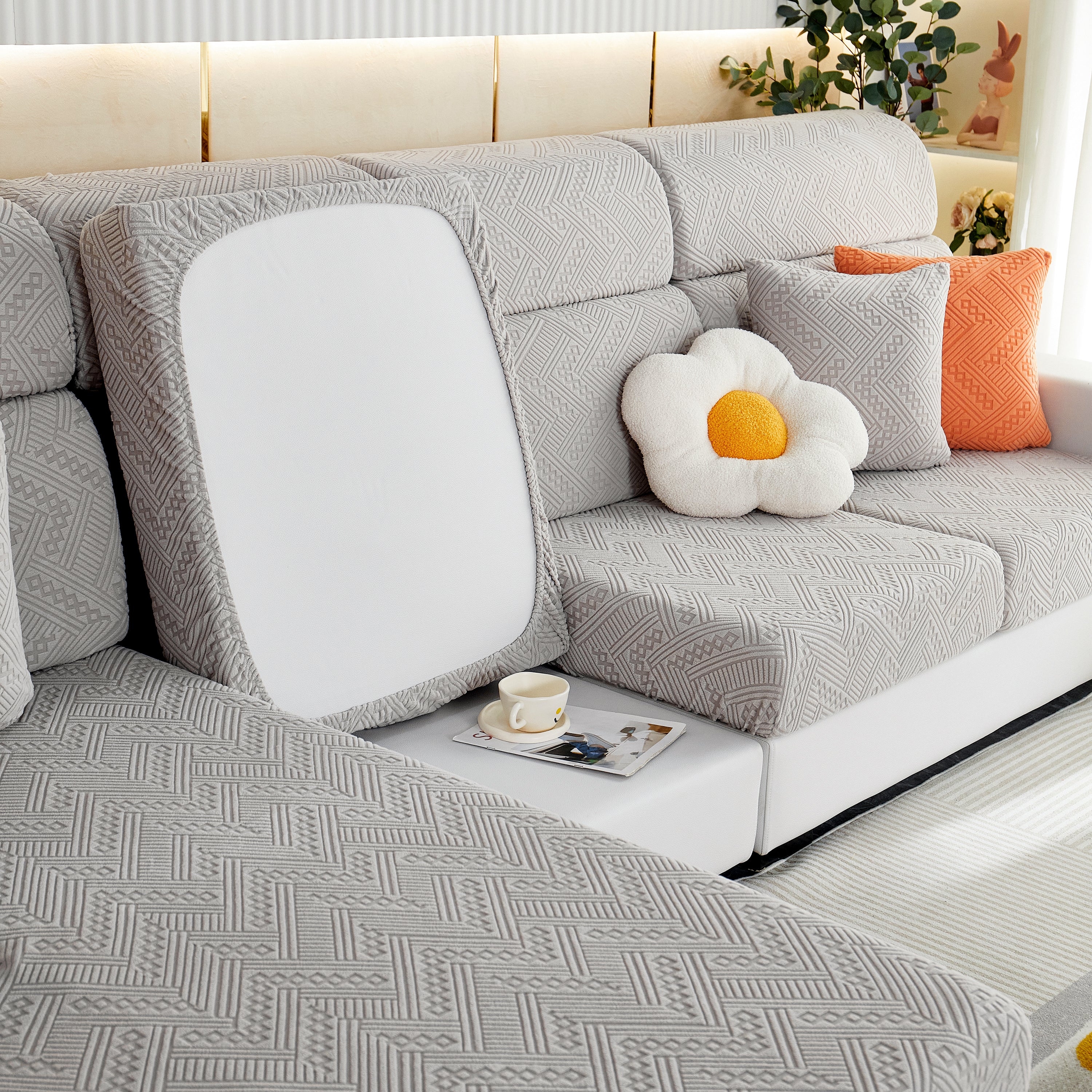 Stretch Jacquard Fleece Settee Cushion Covers, Stylish Non Slip Couch Cushion Covers For Sectional Sofas