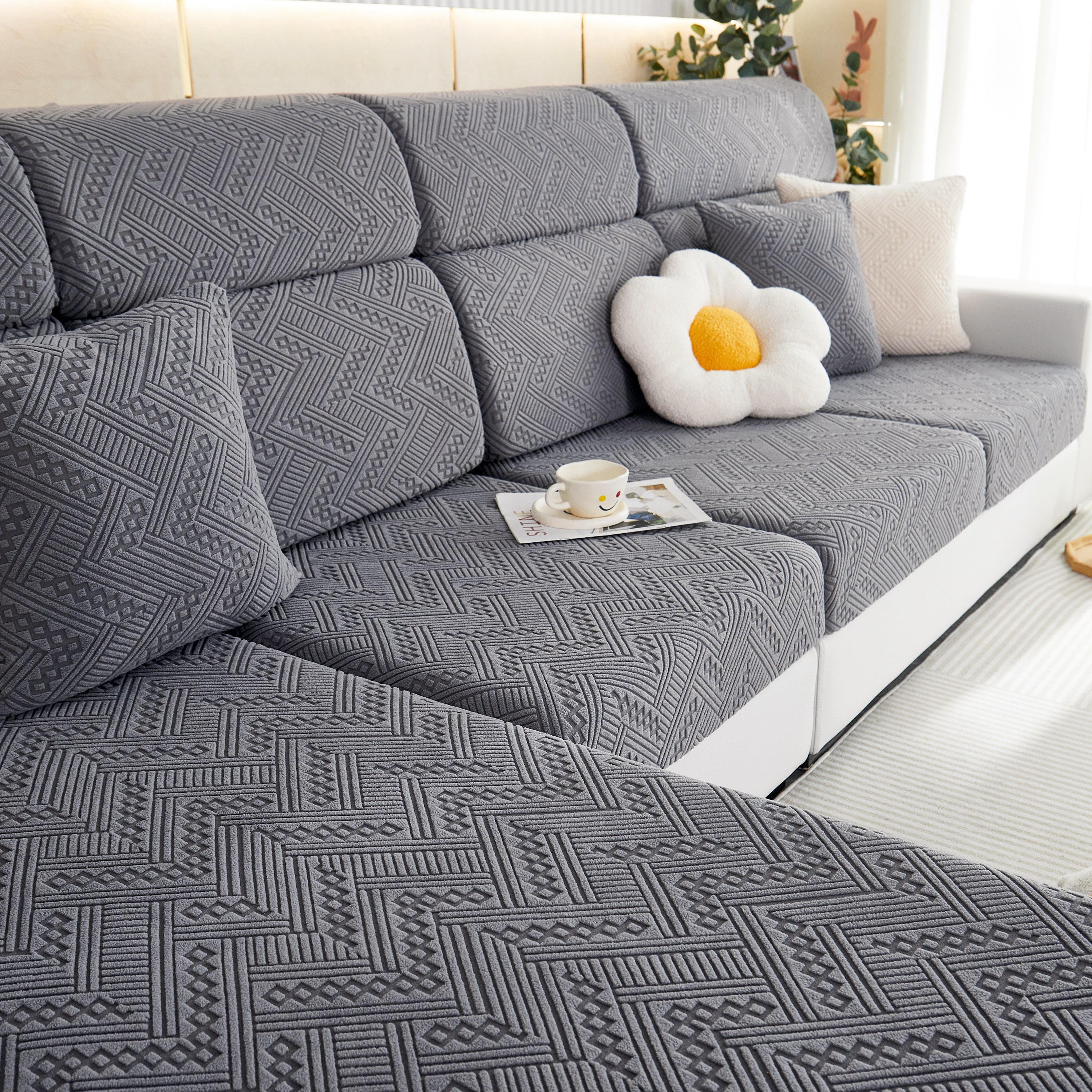 Stretch Jacquard Fleece Settee Cushion Covers, Stylish Non Slip Couch Cushion Covers For Sectional Sofas