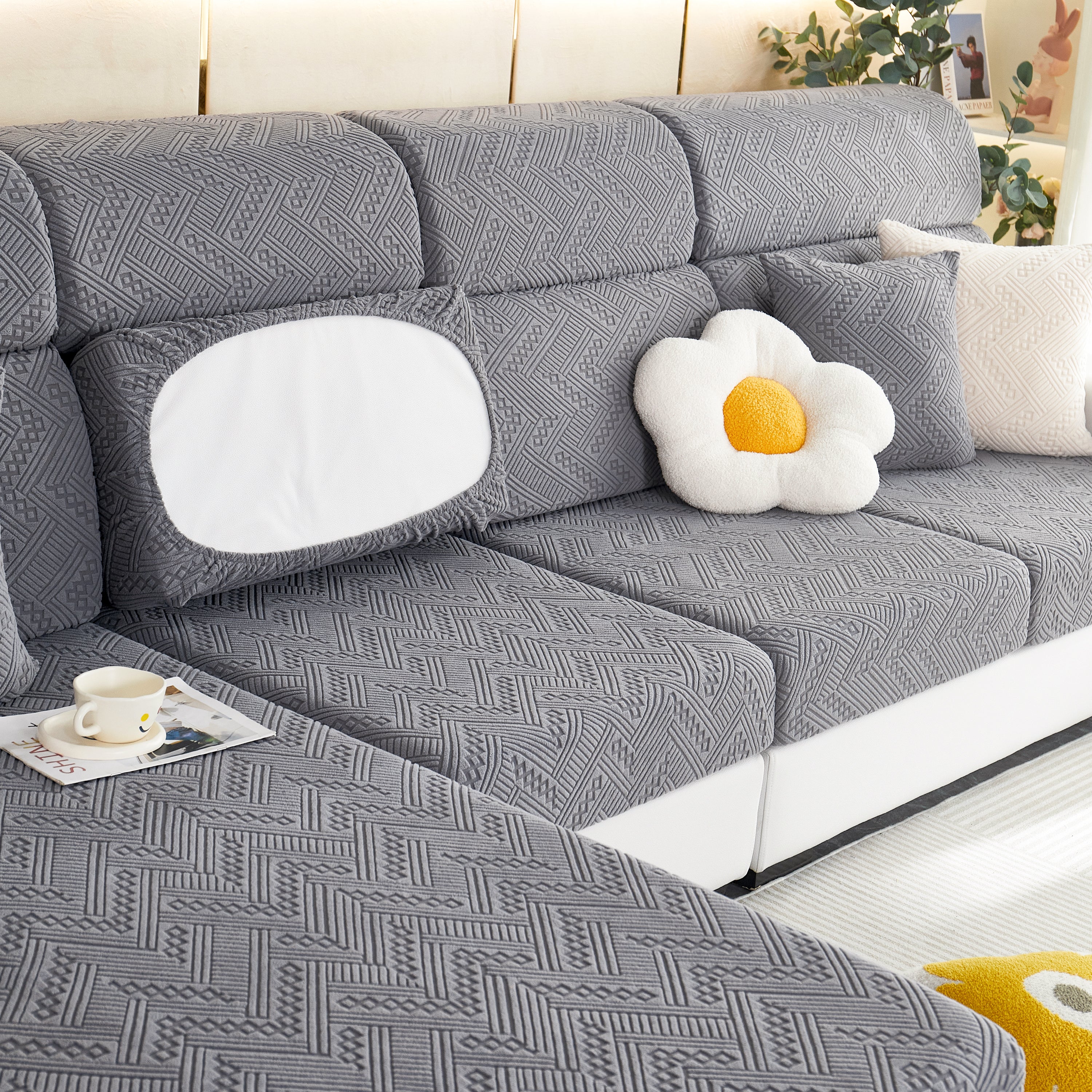 Stretch Jacquard Fleece Settee Cushion Covers, Stylish Non Slip Couch Cushion Covers For Sectional Sofas