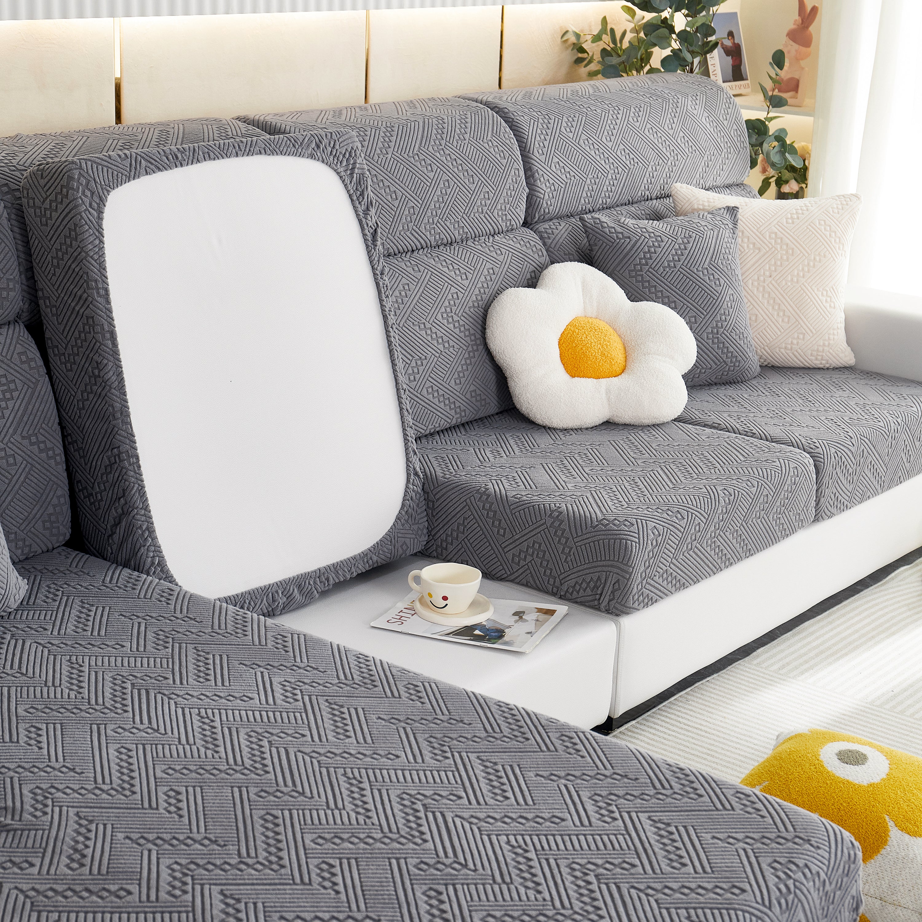 Stretch Jacquard Fleece Settee Cushion Covers, Stylish Non Slip Couch Cushion Covers For Sectional Sofas