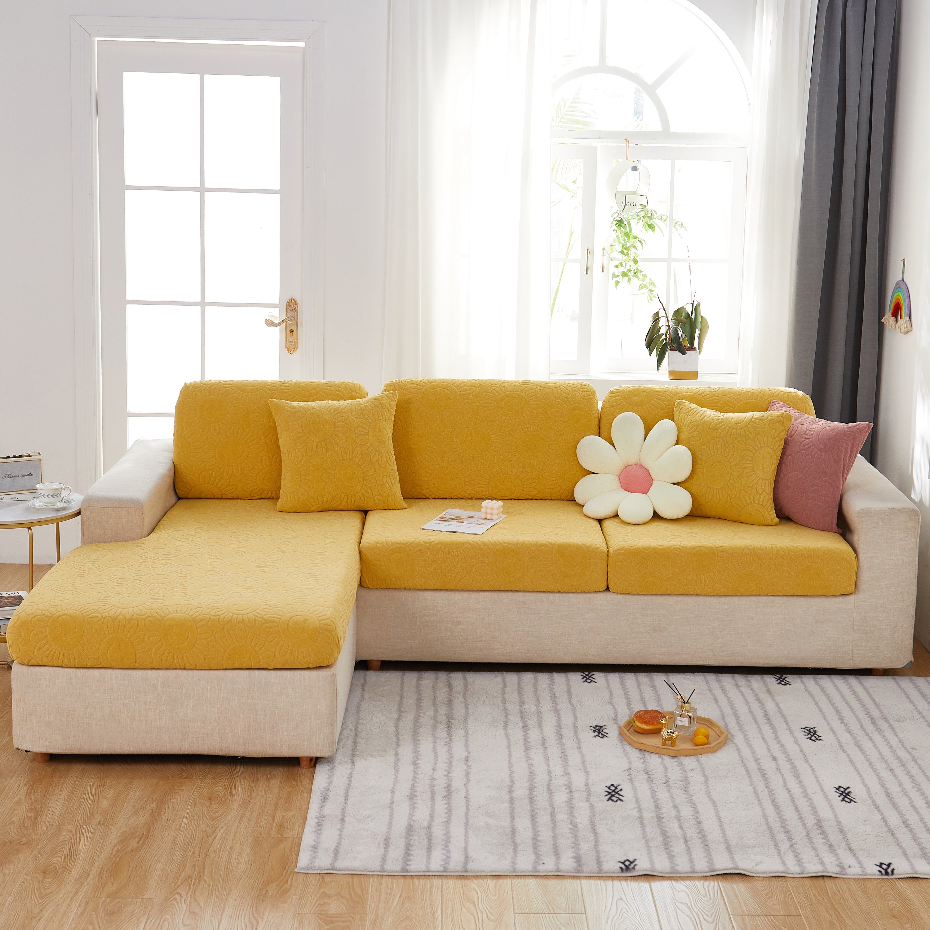 Sunflower Jacquard Fleece Stretchable Cushion Cover, Non-slip Furniture Covers For Pets, L Shaped Couch Cushion Covers
