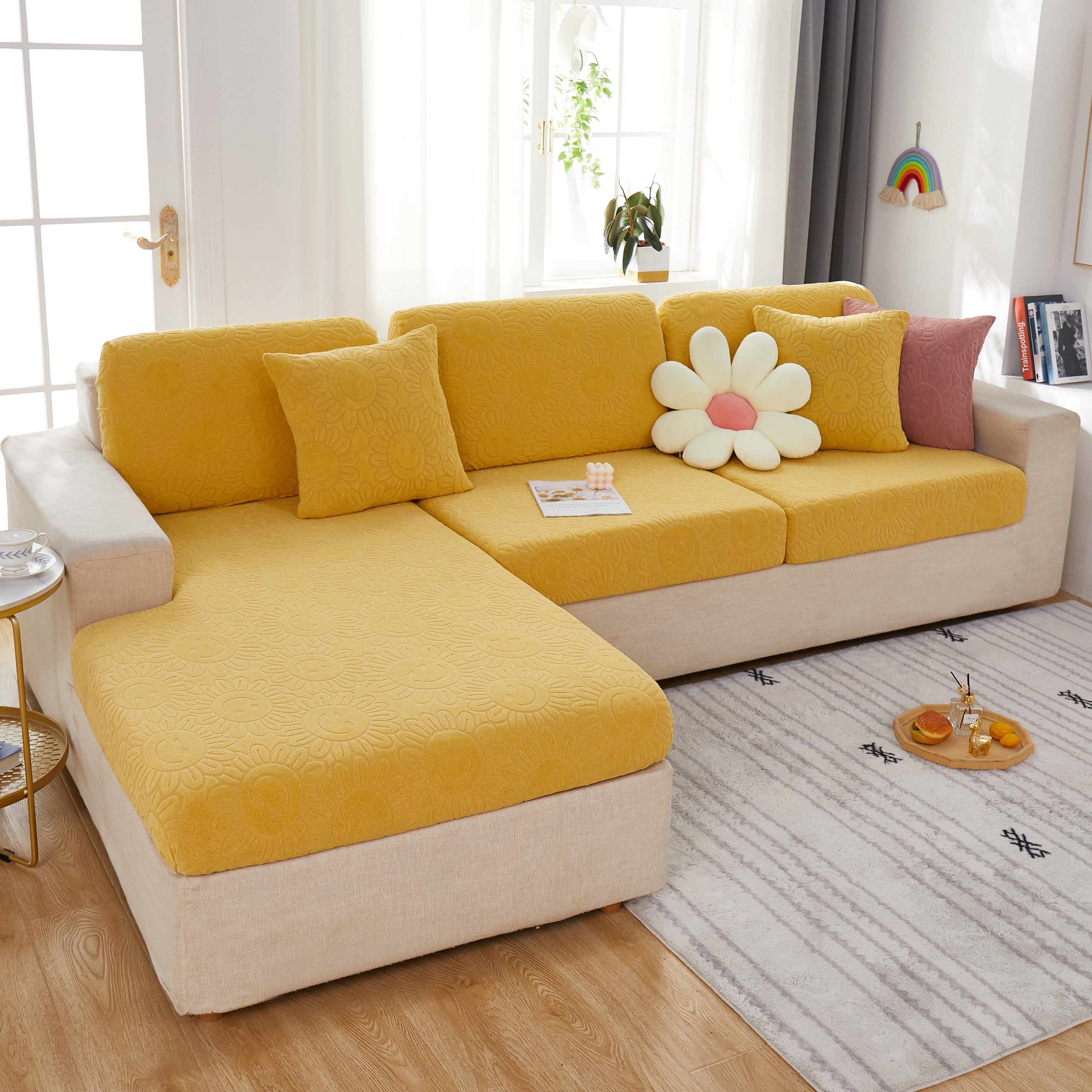Sunflower Jacquard Fleece Stretchable Cushion Cover, Non-slip Furniture Covers For Pets, L Shaped Couch Cushion Covers