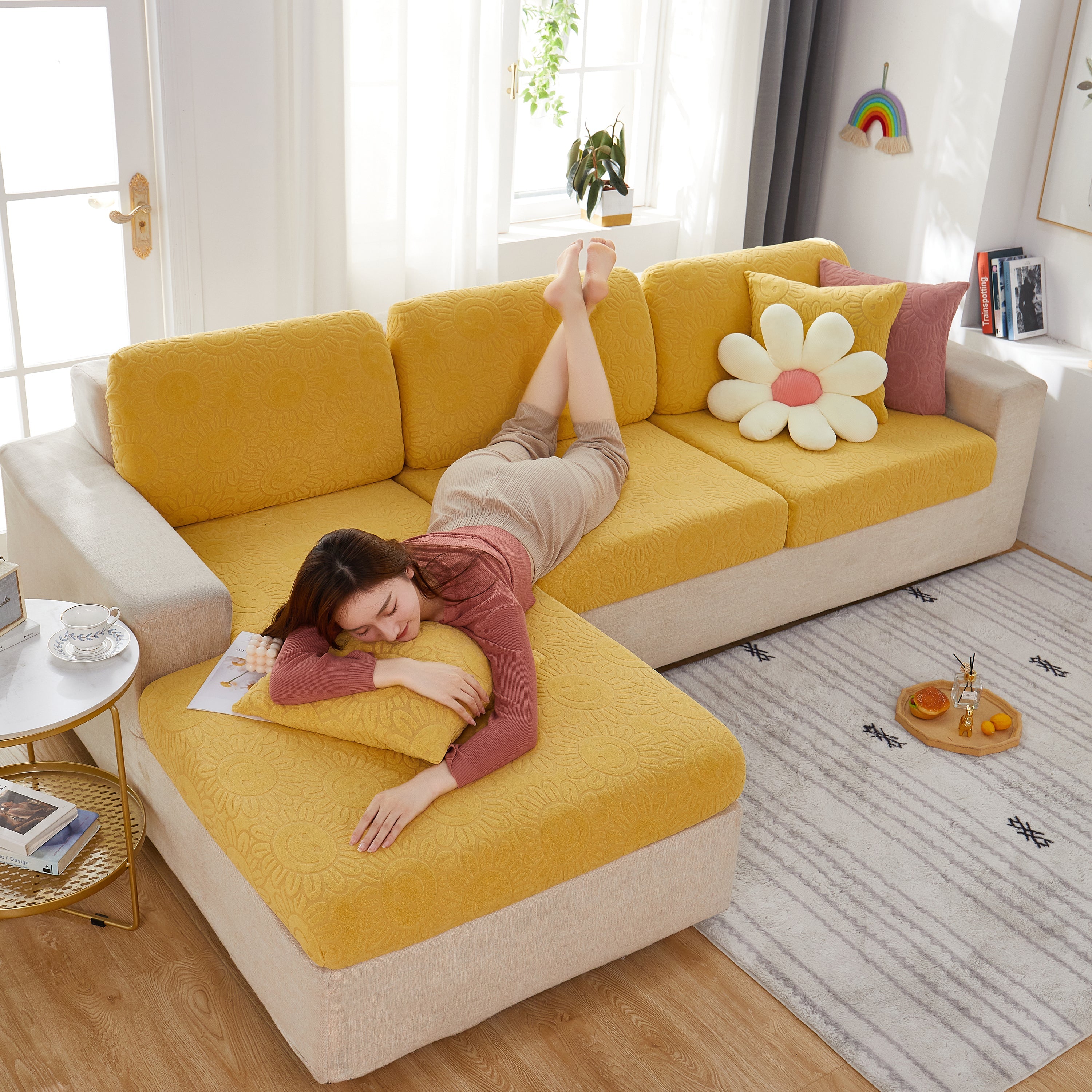 Sunflower Jacquard Fleece Stretchable Cushion Cover, Non-slip Furniture Covers For Pets, L Shaped Couch Cushion Covers