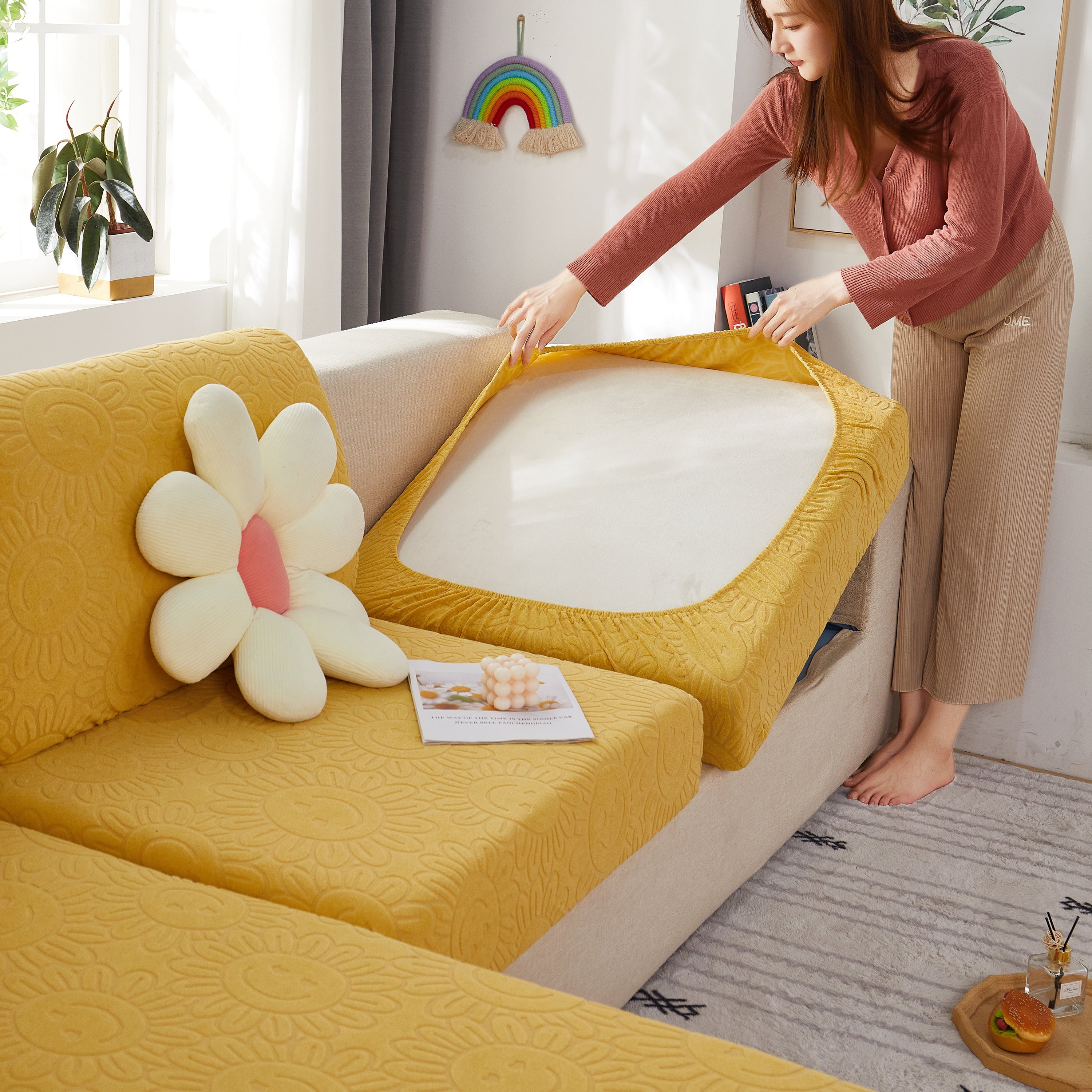 Sunflower Jacquard Fleece Stretchable Cushion Cover, Non-slip Furniture Covers For Pets, L Shaped Couch Cushion Covers