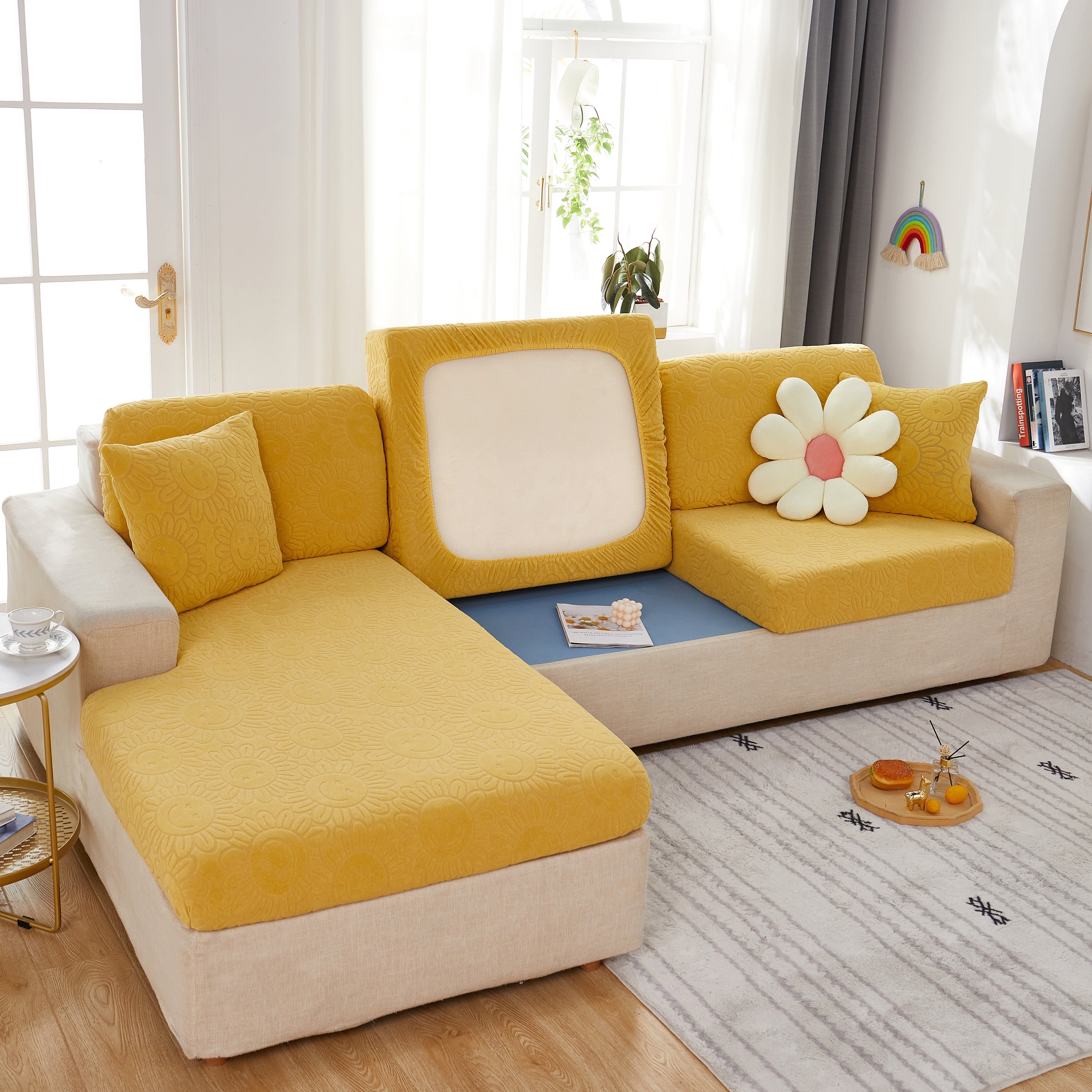 Sunflower Jacquard Fleece Stretchable Cushion Cover, Non-slip Furniture Covers For Pets, L Shaped Couch Cushion Covers