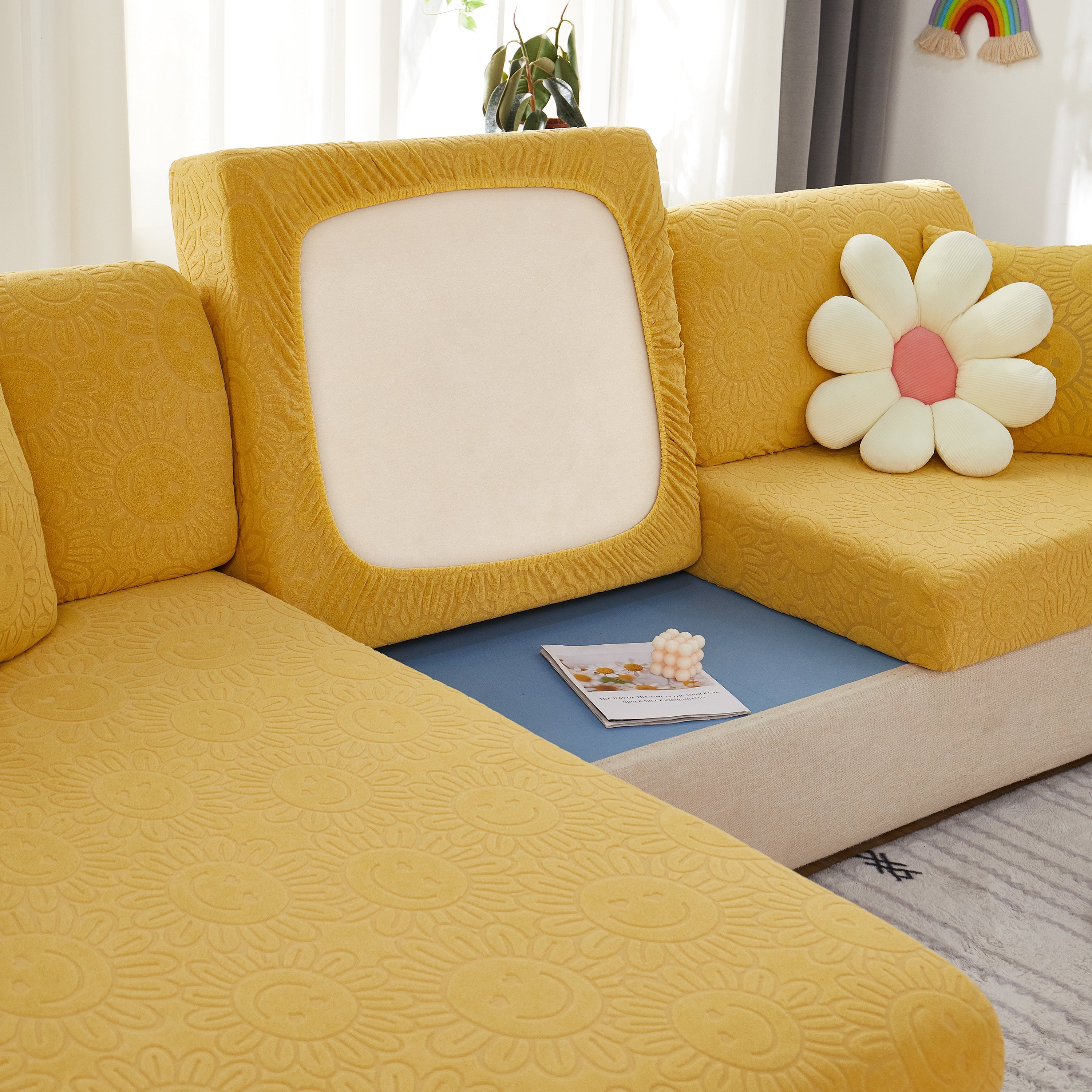 Sunflower Jacquard Fleece Stretchable Cushion Cover, Non-slip Furniture Covers For Pets, L Shaped Couch Cushion Covers