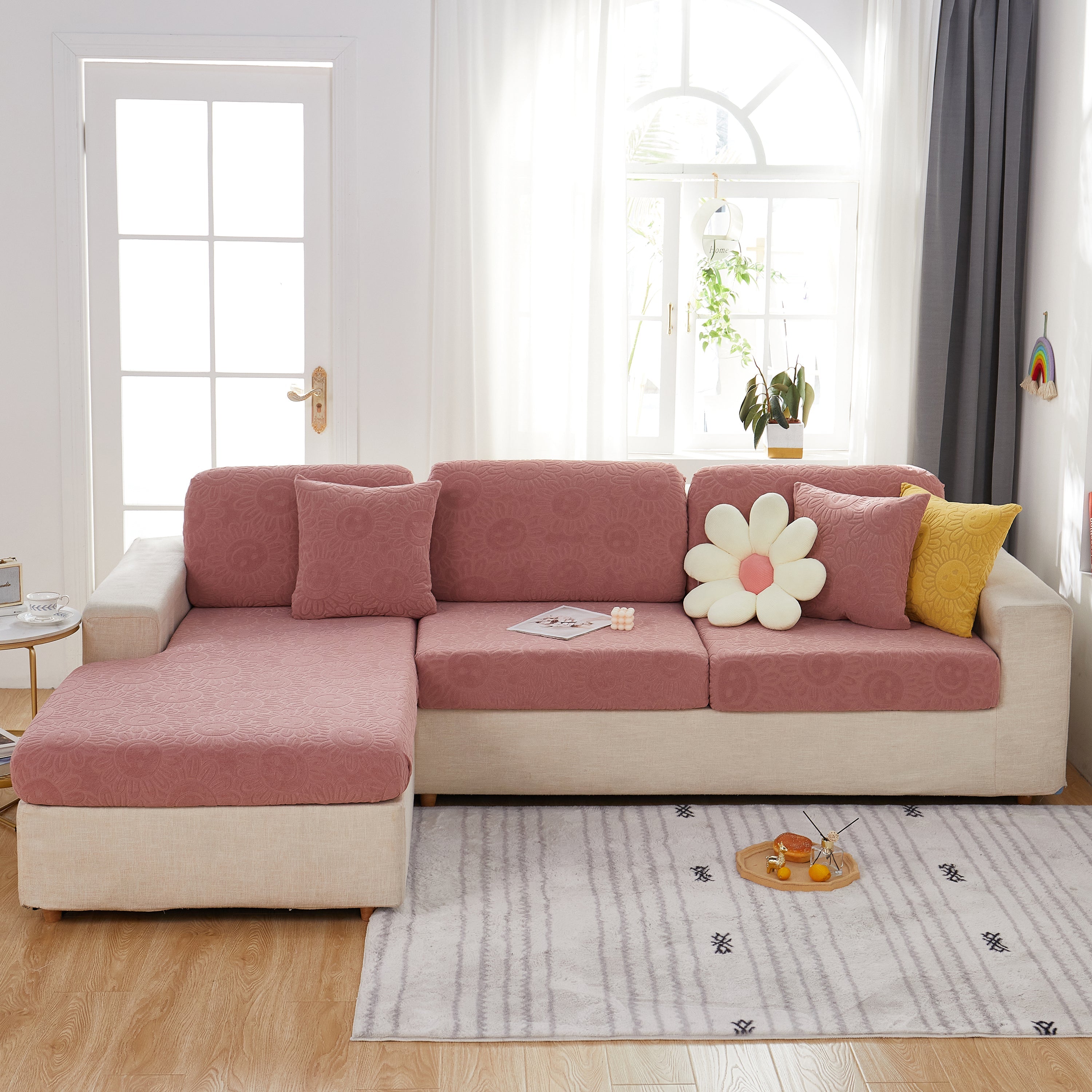 Sunflower Jacquard Fleece Stretchable Cushion Cover, Non-slip Furniture Covers For Pets, L Shaped Couch Cushion Covers