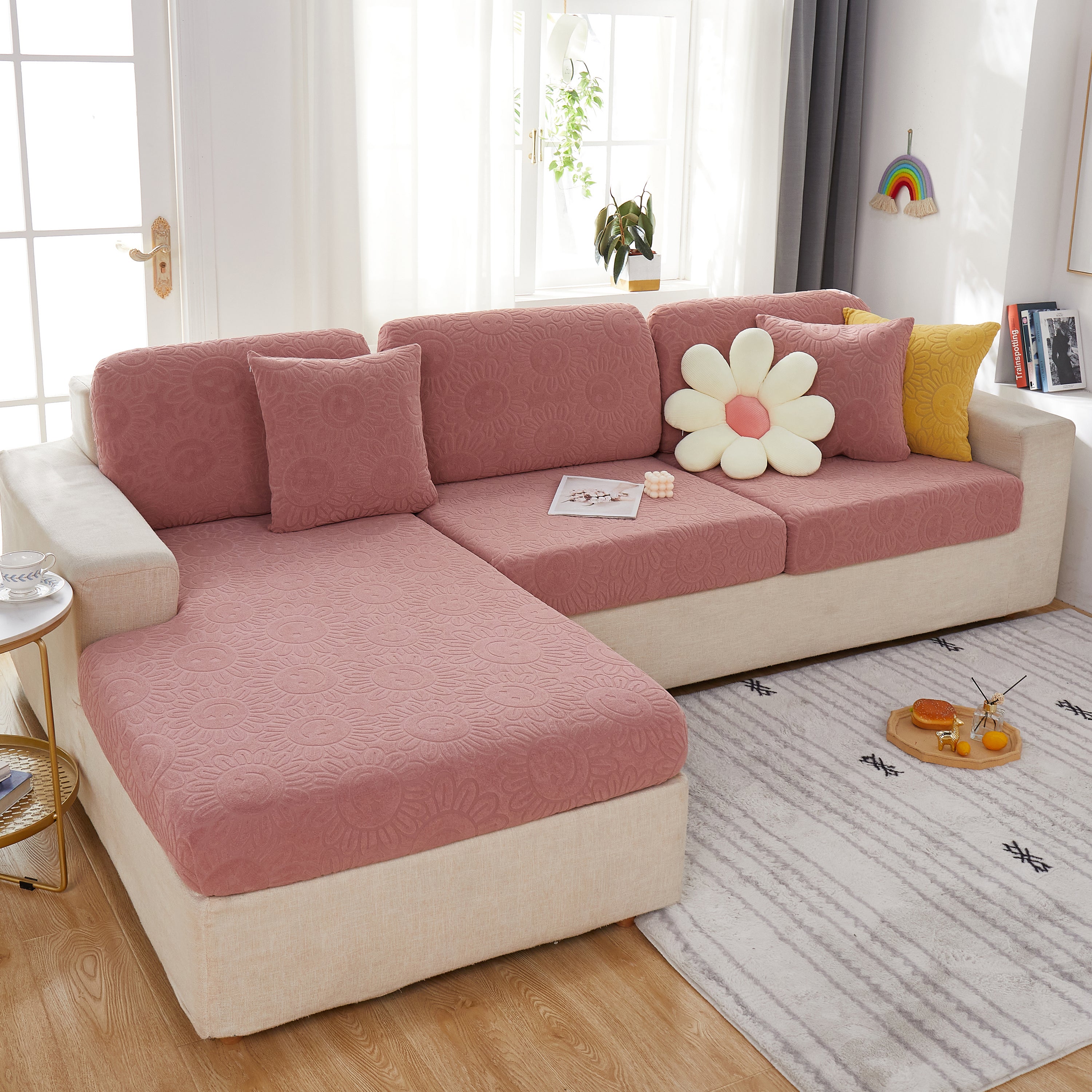Sunflower Jacquard Fleece Stretchable Cushion Cover, Non-slip Furniture Covers For Pets, L Shaped Couch Cushion Covers